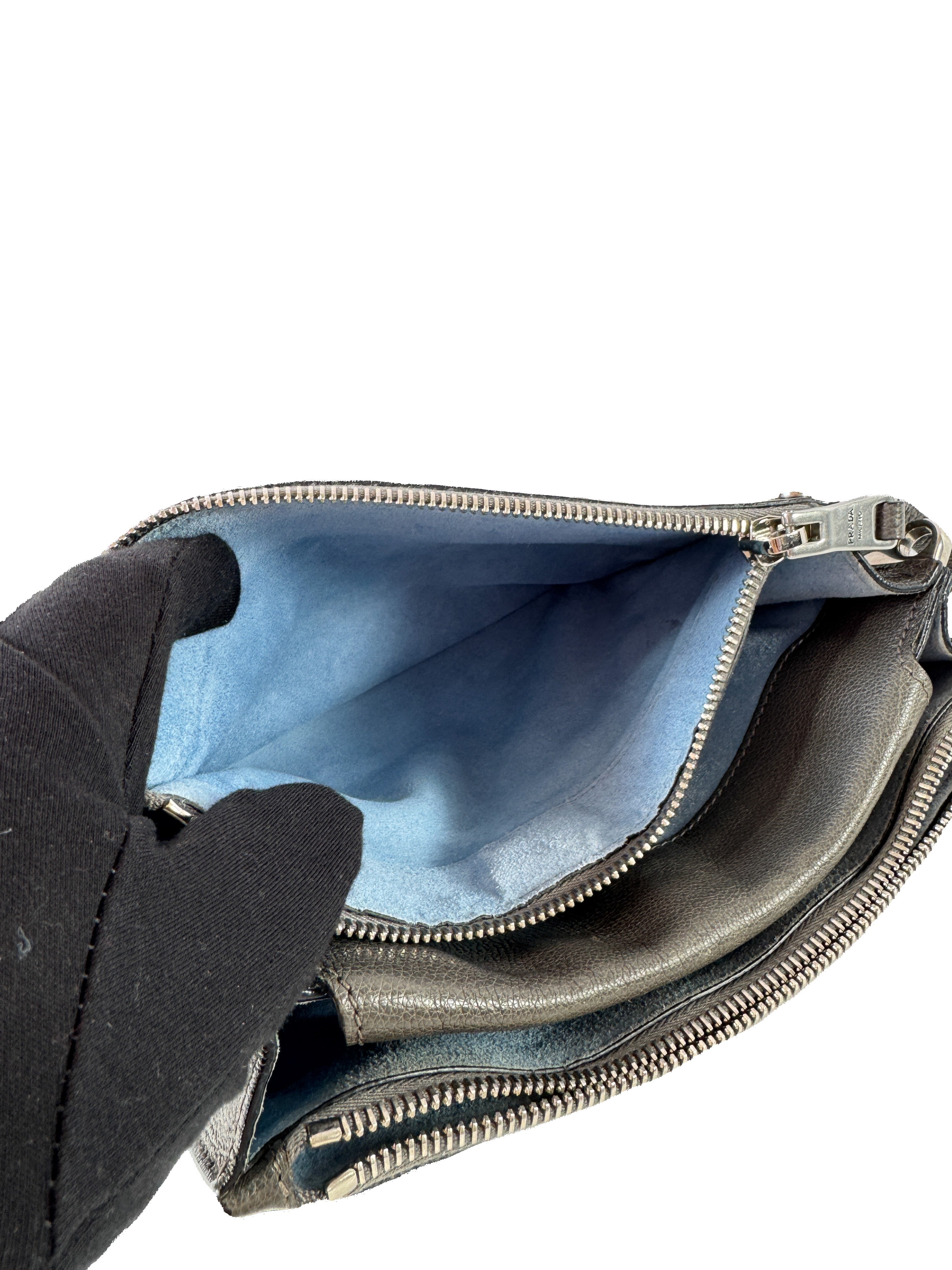 Prada gray leather studded Etiquette crossbody bag