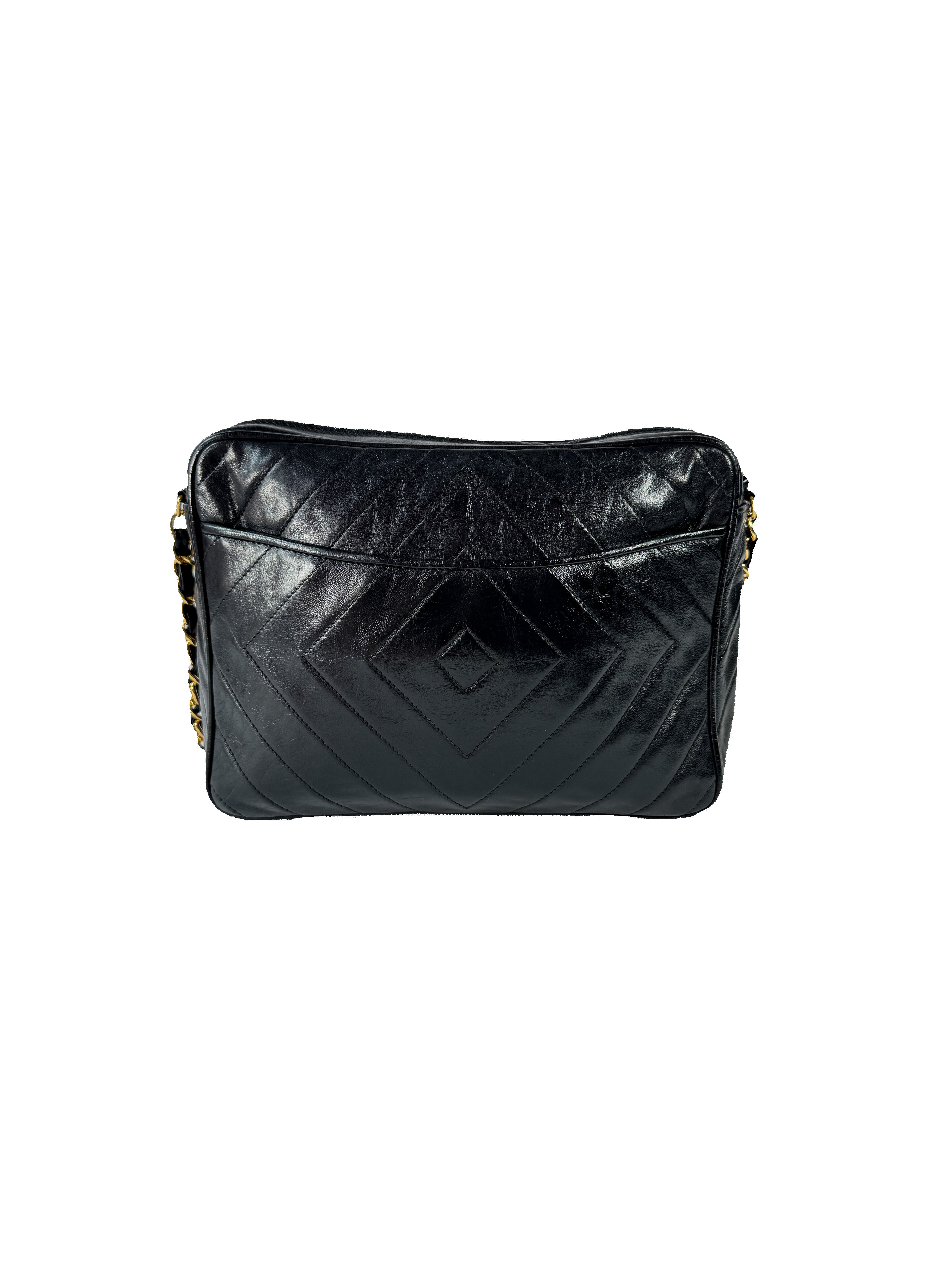 Chanel black leather chevon CC camera crossbody 1989746