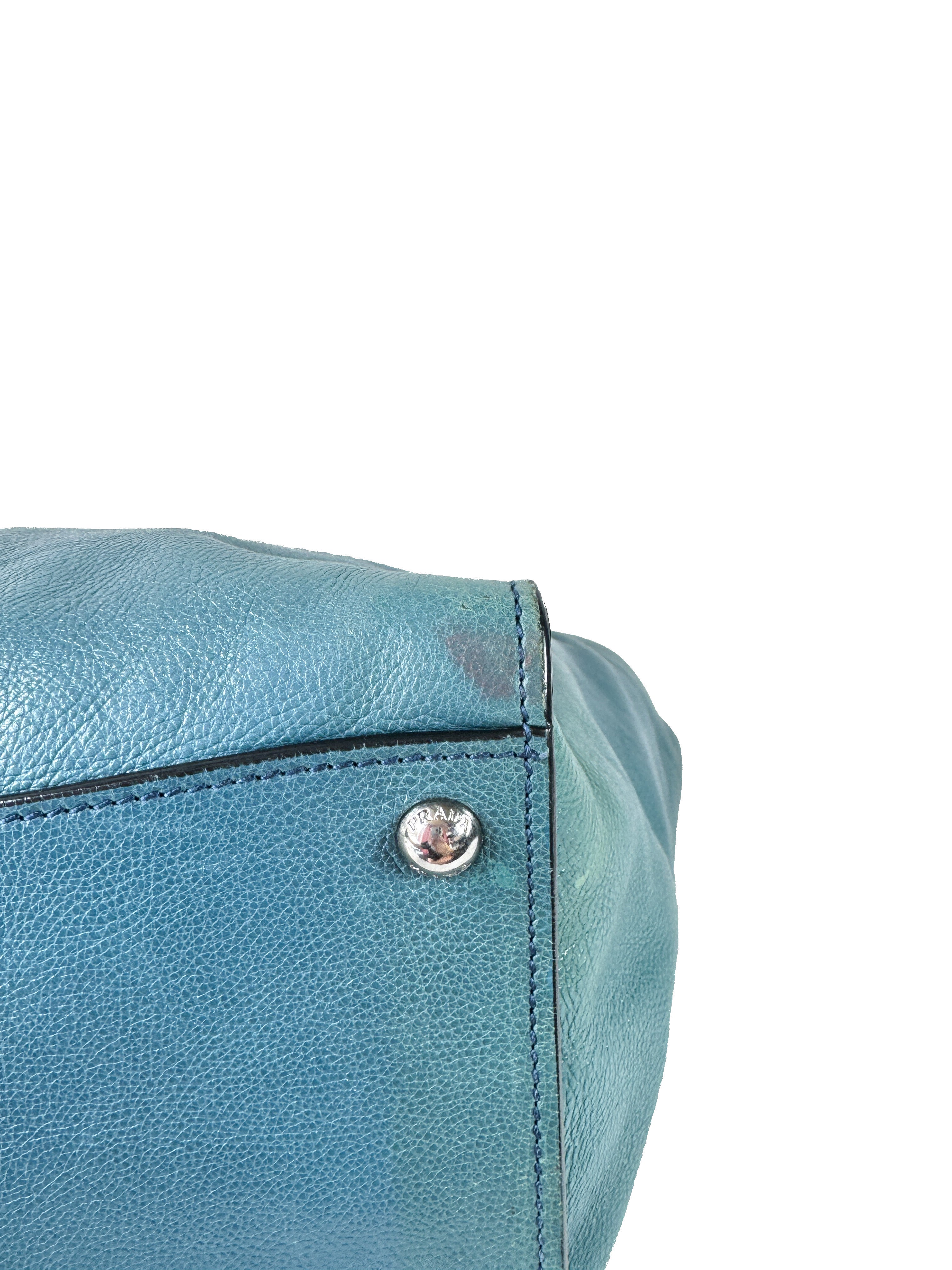Prada teal twin pocket Glace leather tote 14/O