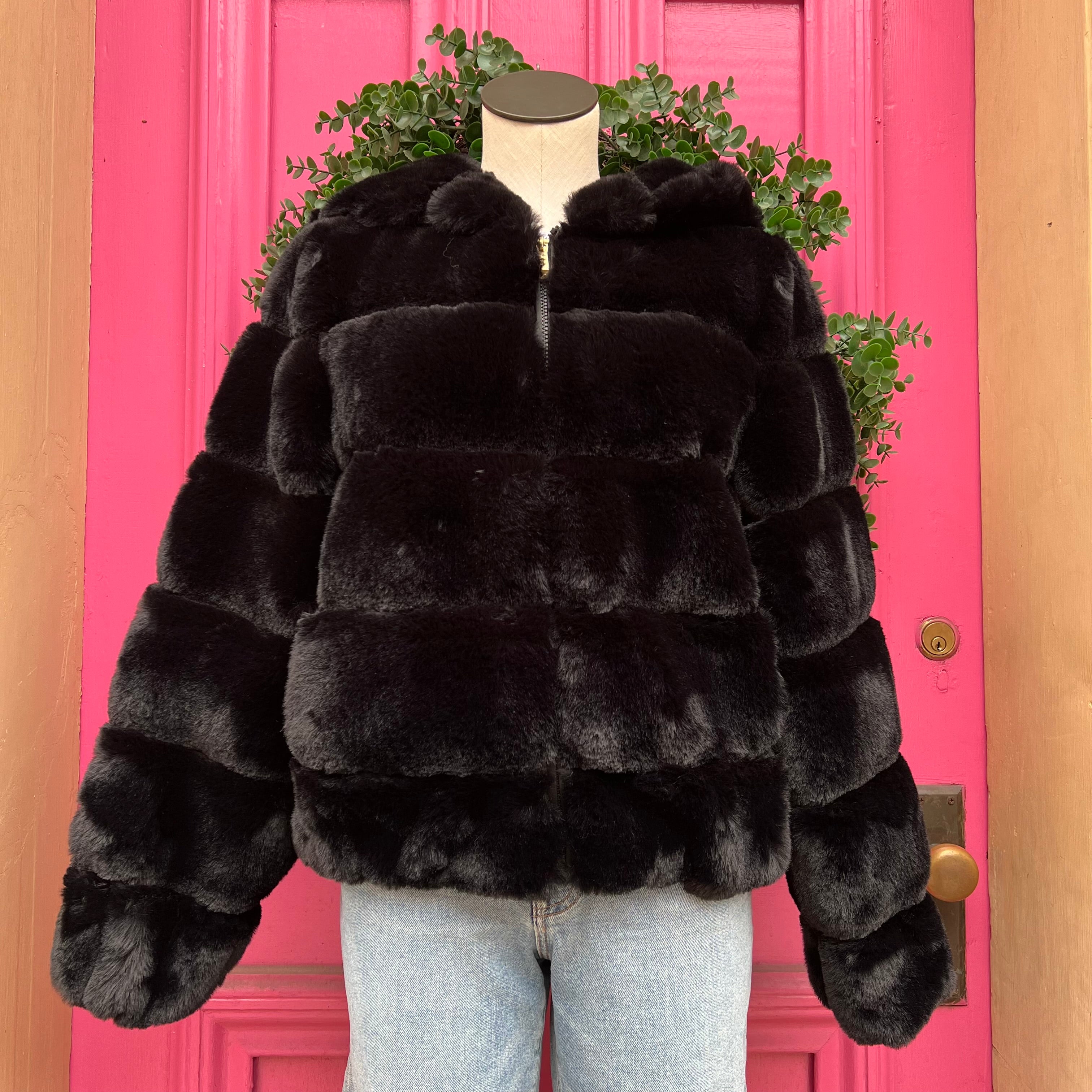 BCBG Maxazria black faux fur jacket size S NWT
