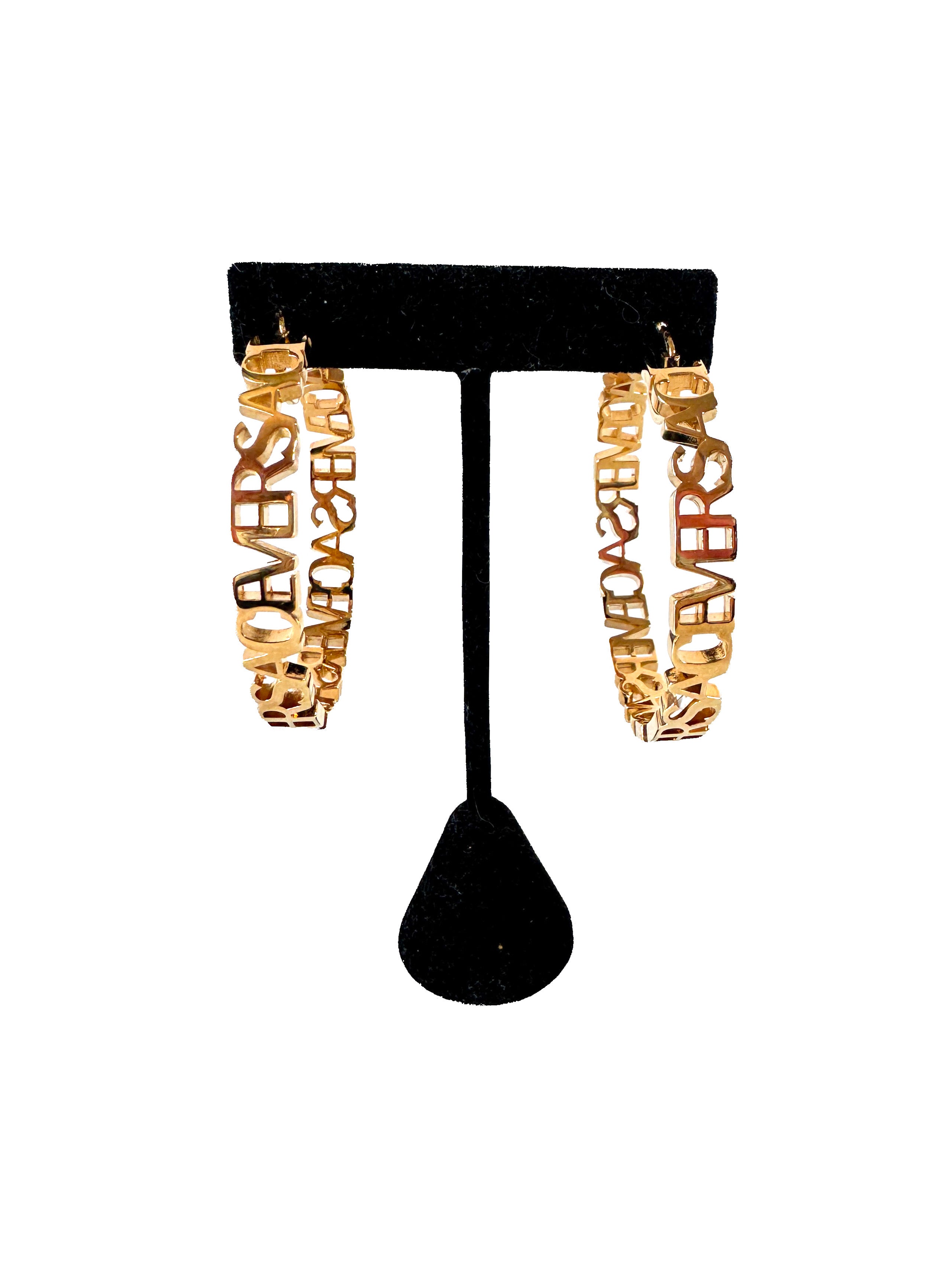 Versace logo gold tone hoop earrings retail $650