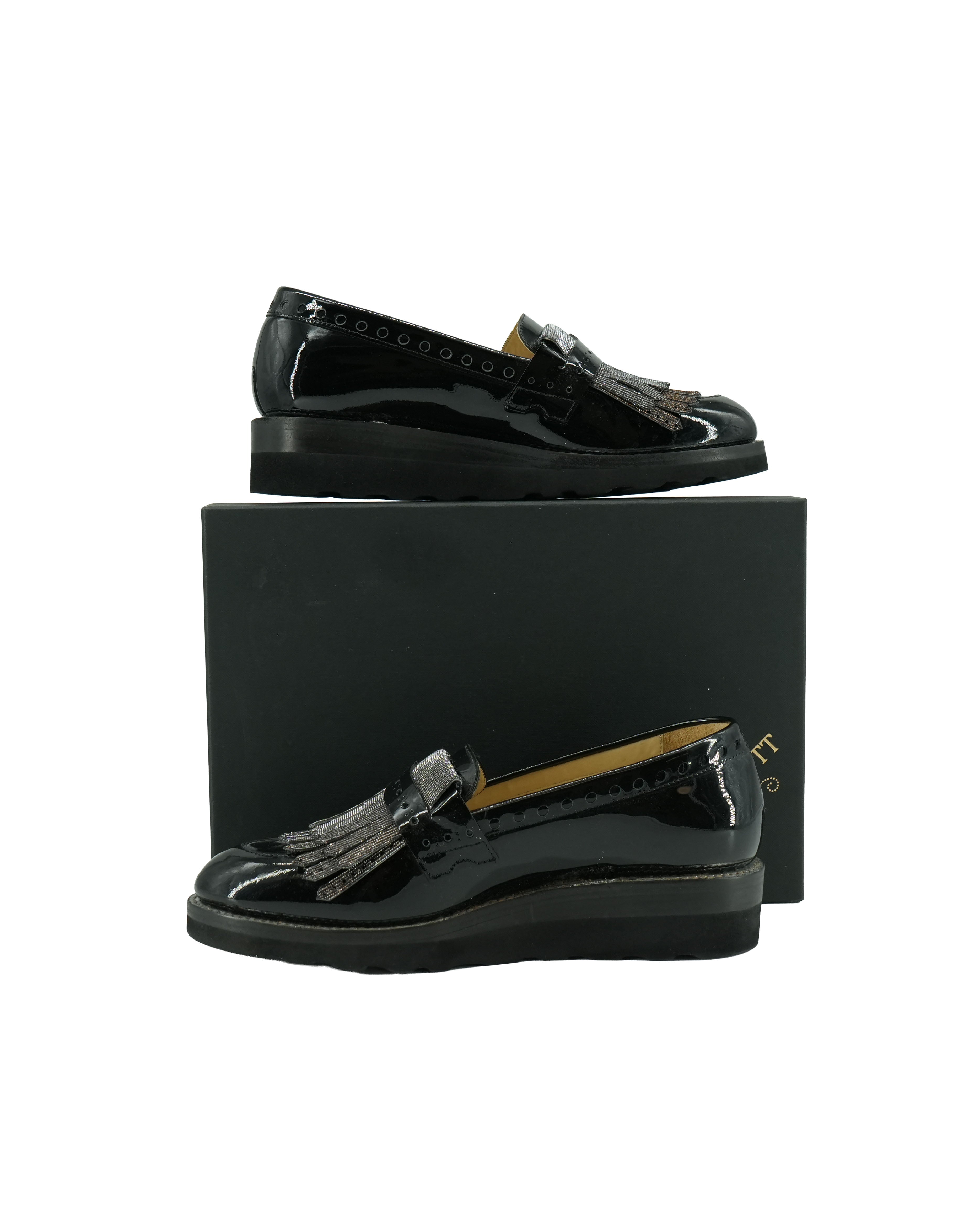 The Office of Angela Scott black patent leather metallic fringe Mr. Pennywise loafers size 38.5 (8.5)