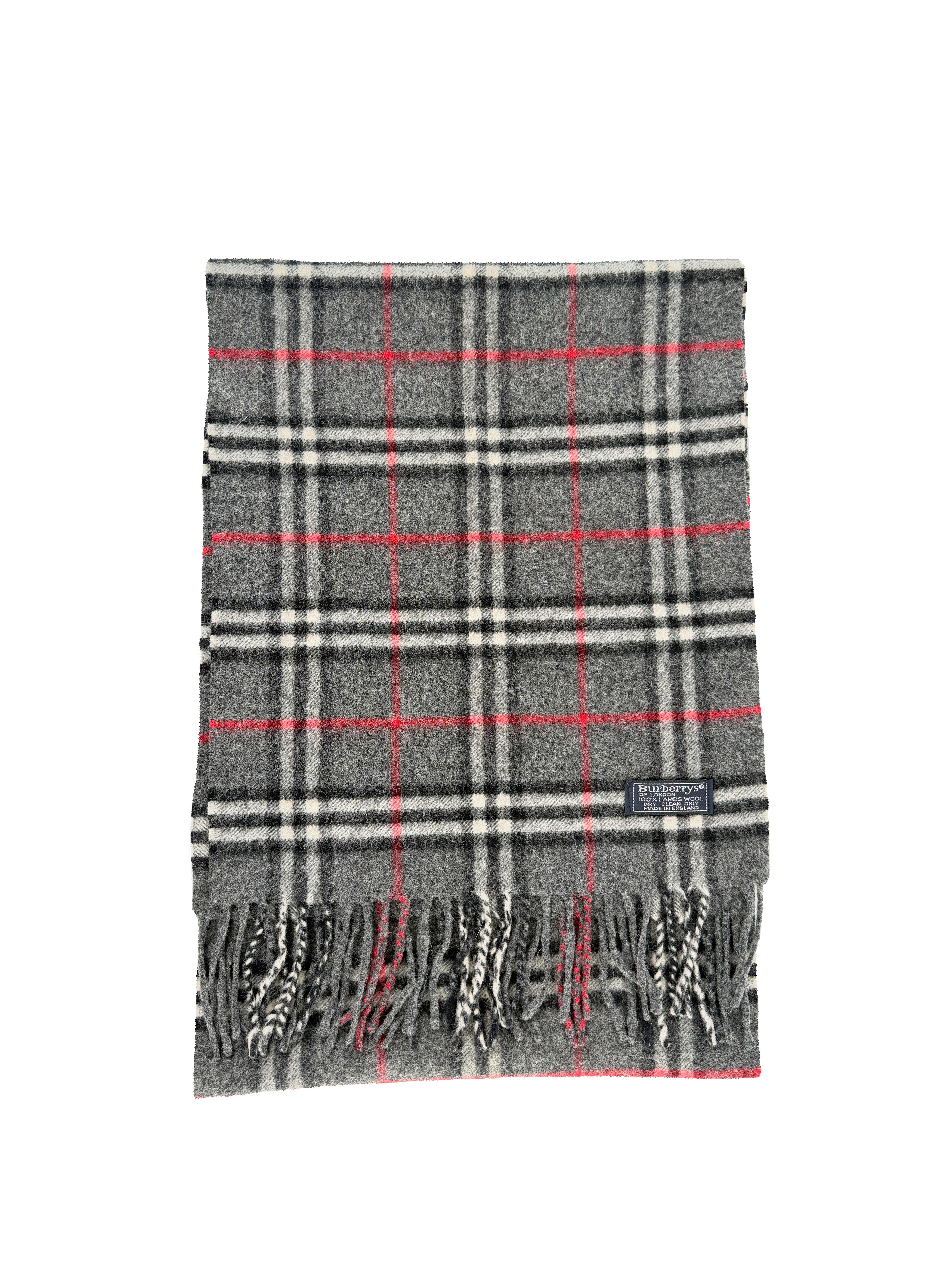Burberry gray, red, black plaid vintage lambswool scarf