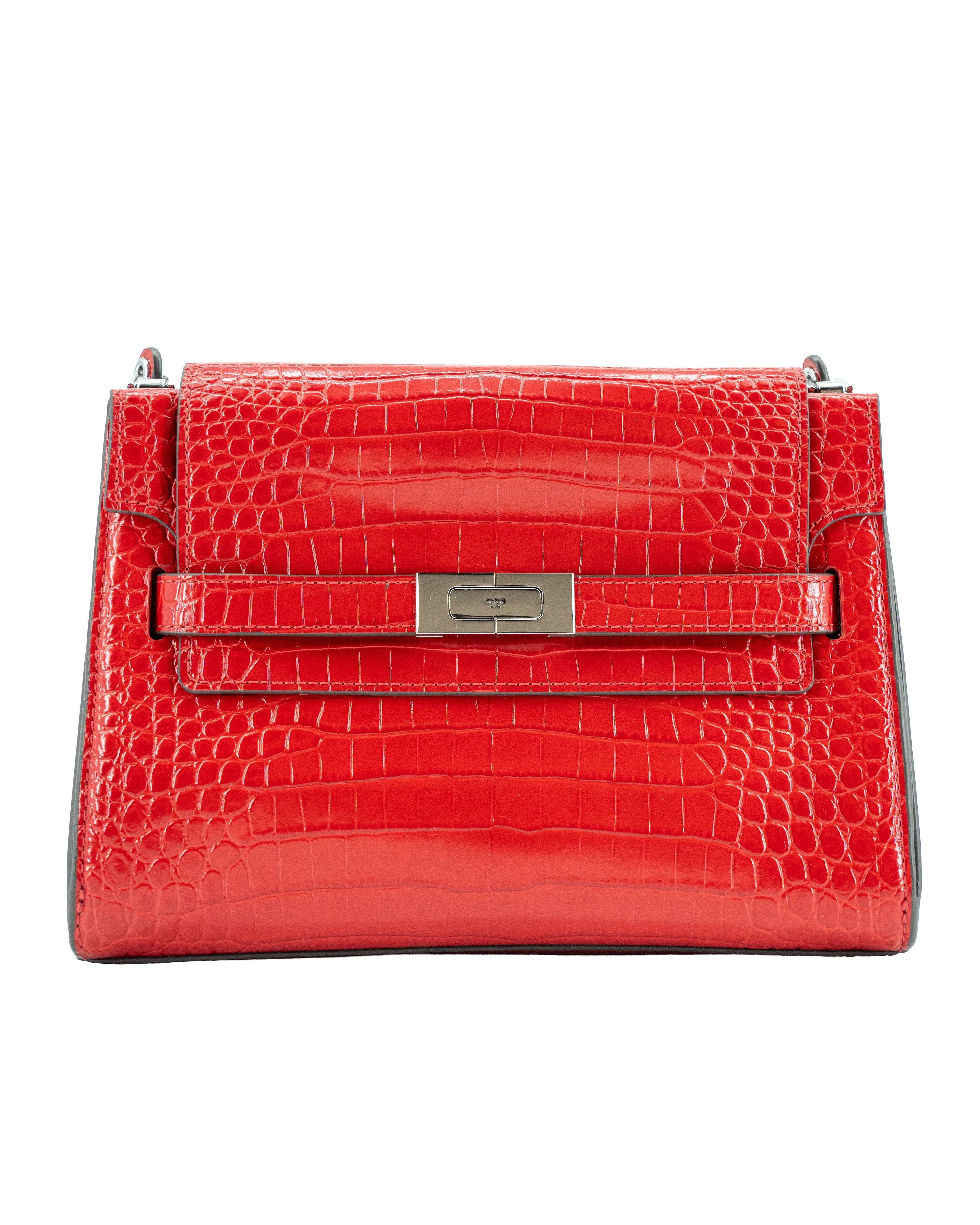 Tory Burch red croc embossed Lee Radziwill shoulder bag