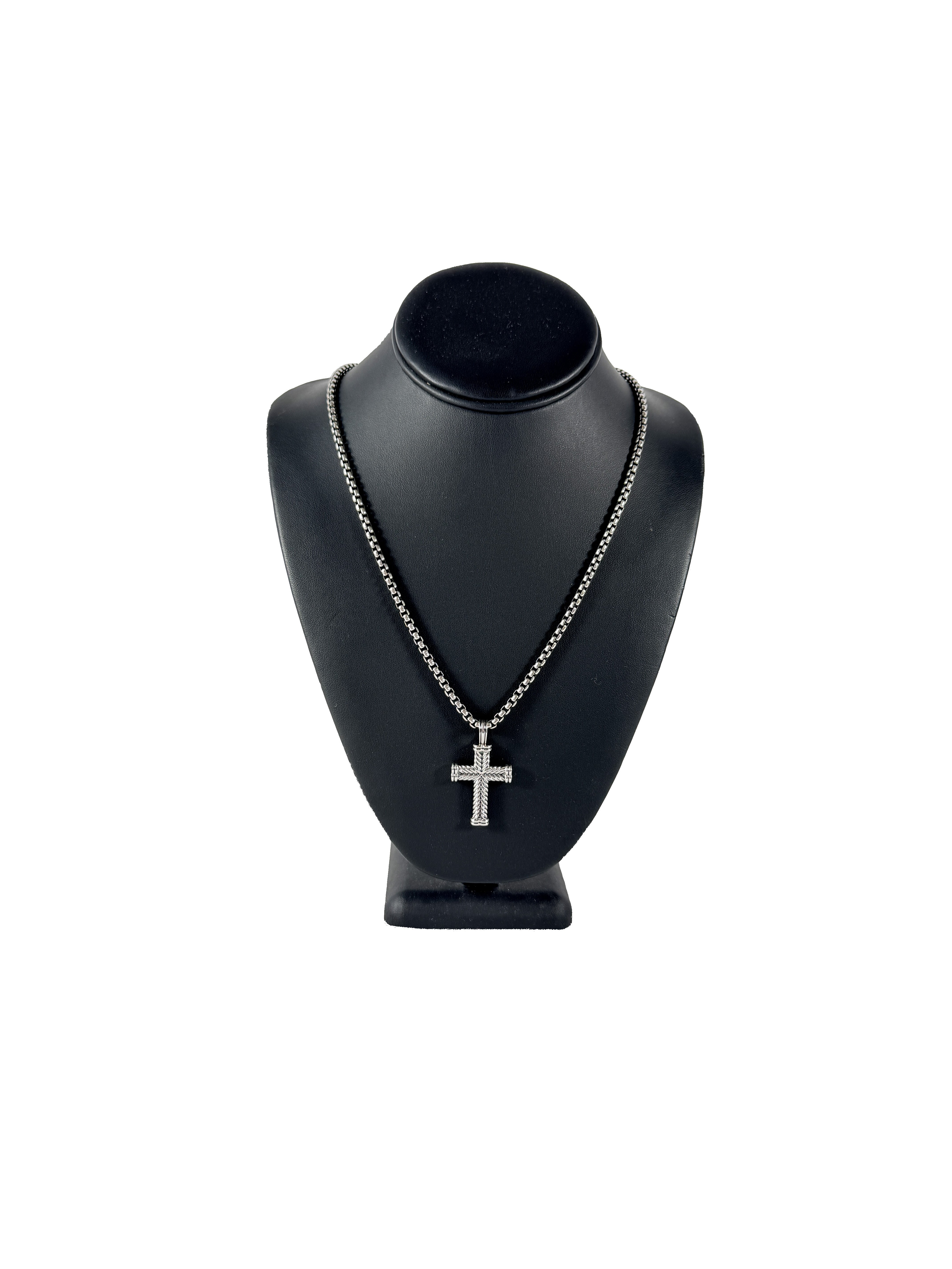 David Yurman sterling silver Chevron cross pendant with box chain necklace