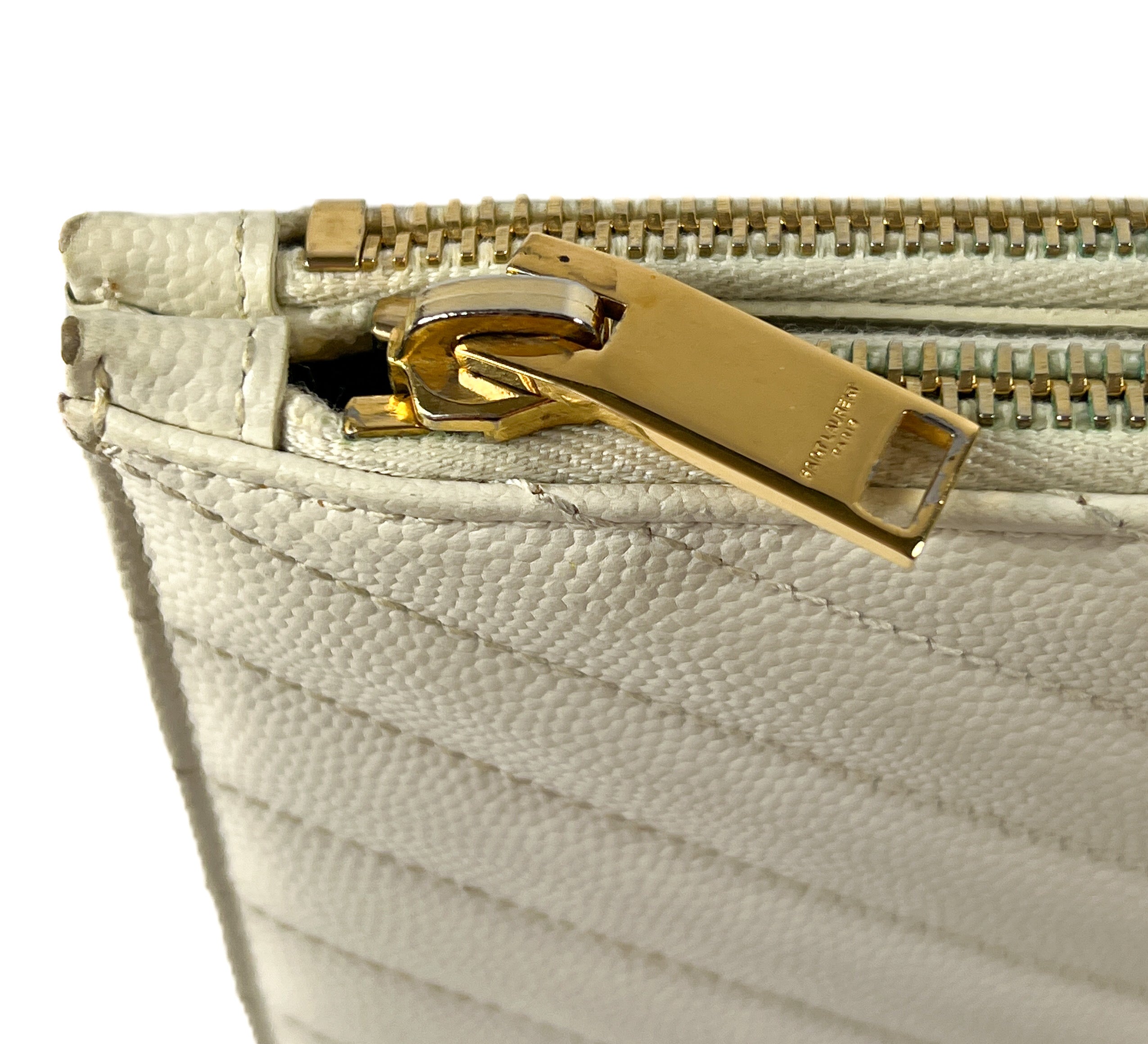 Saint Laurent off white Grain De Poudre Matelasse Chevron Double Zip Wallet