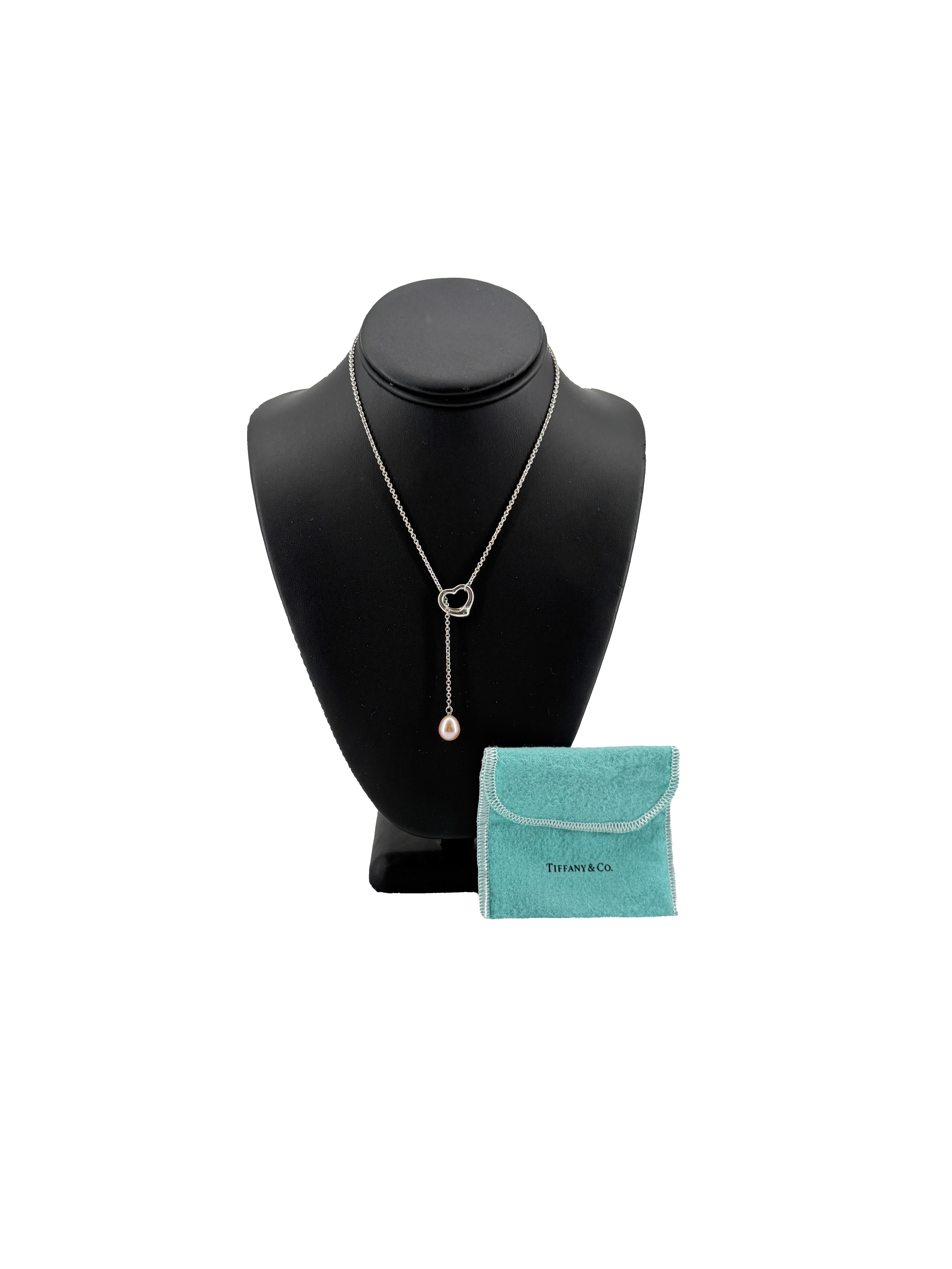 Tiffany & Co Elsa Peretti sterling silver, pink pearl open heart lariat necklace