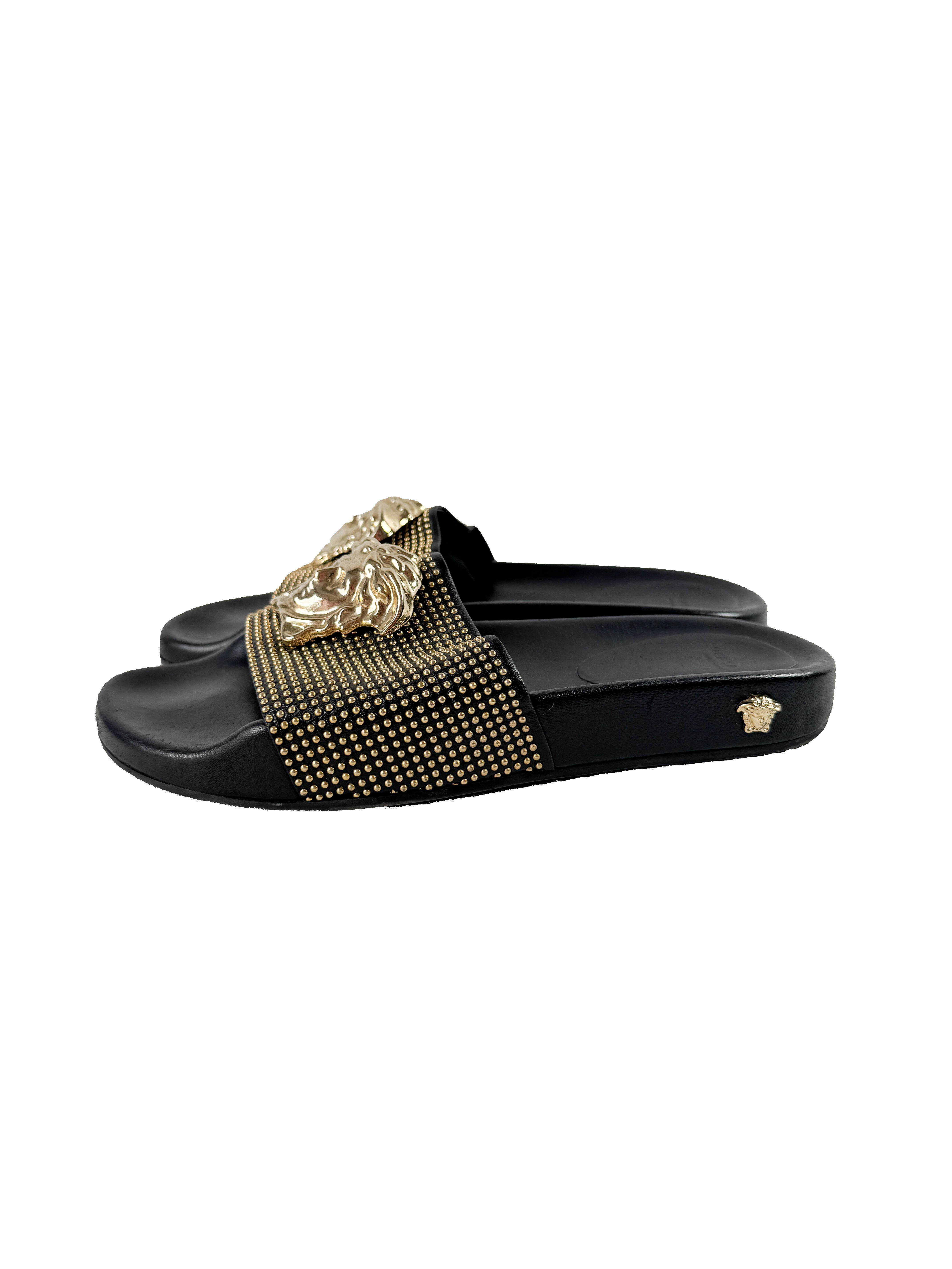 Versace black leather studded Medusa head slides size 39