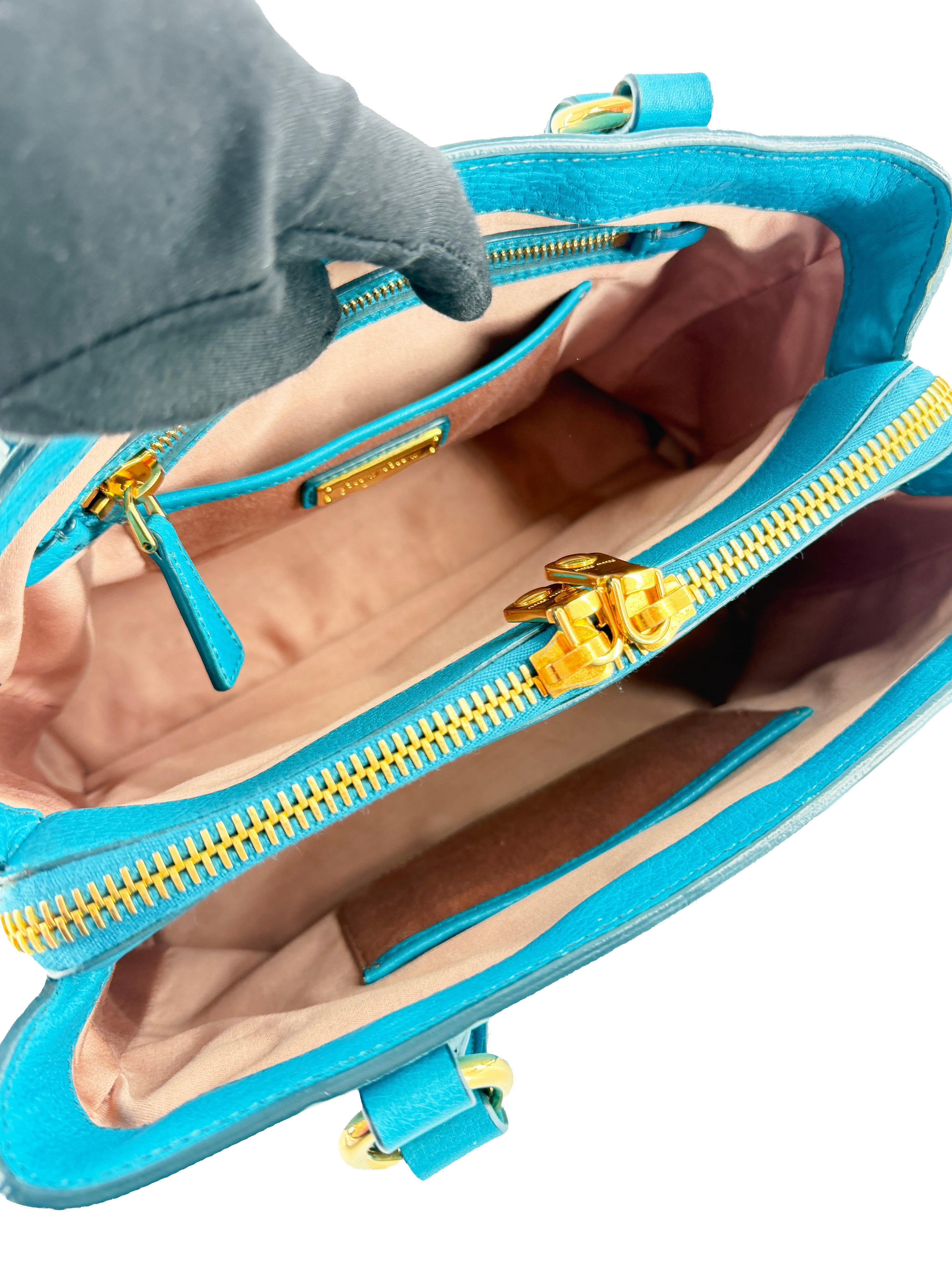 Miu Miu teal blue Caribe leather tote 122