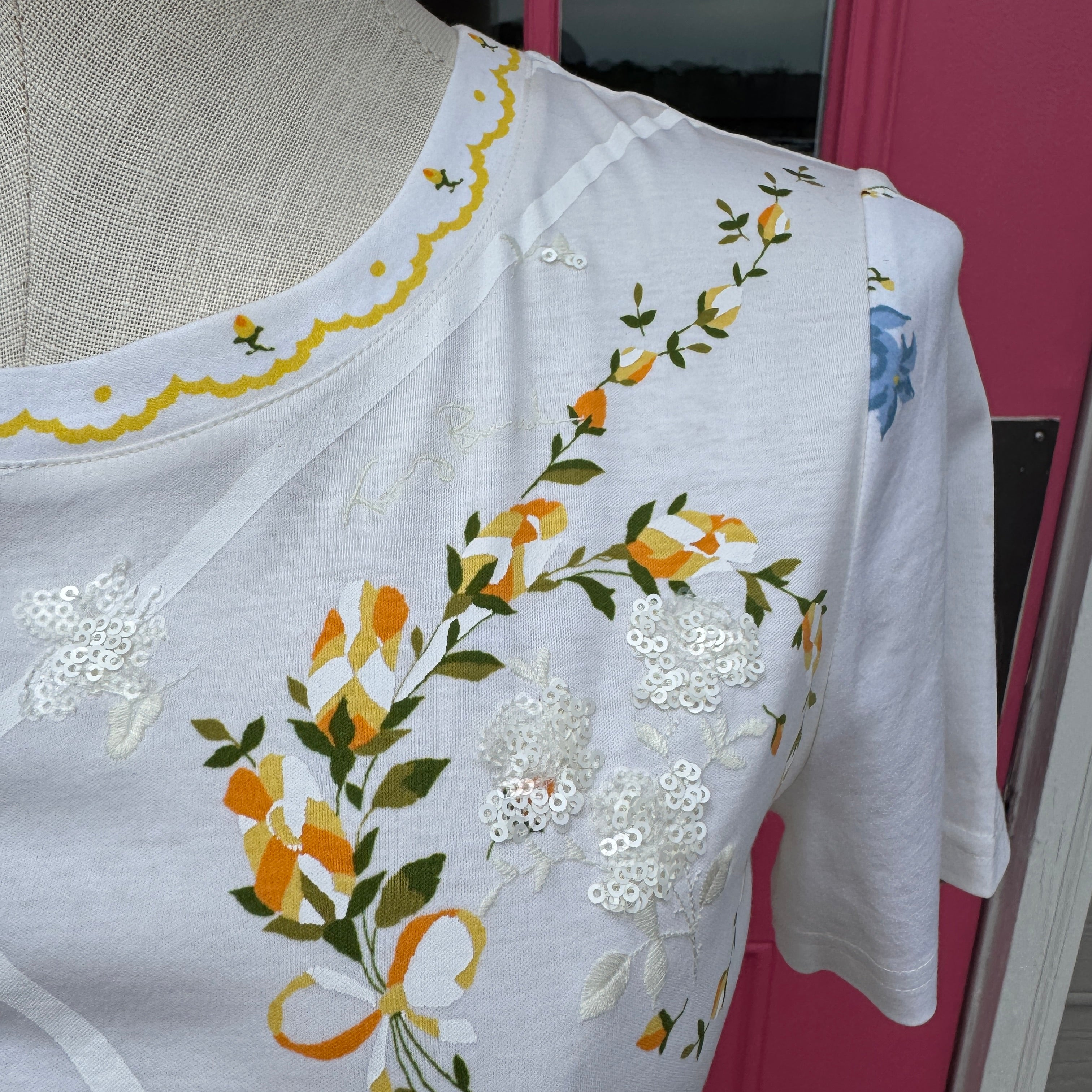 Tory Burch cream floral print sequined short sleeve dress size S