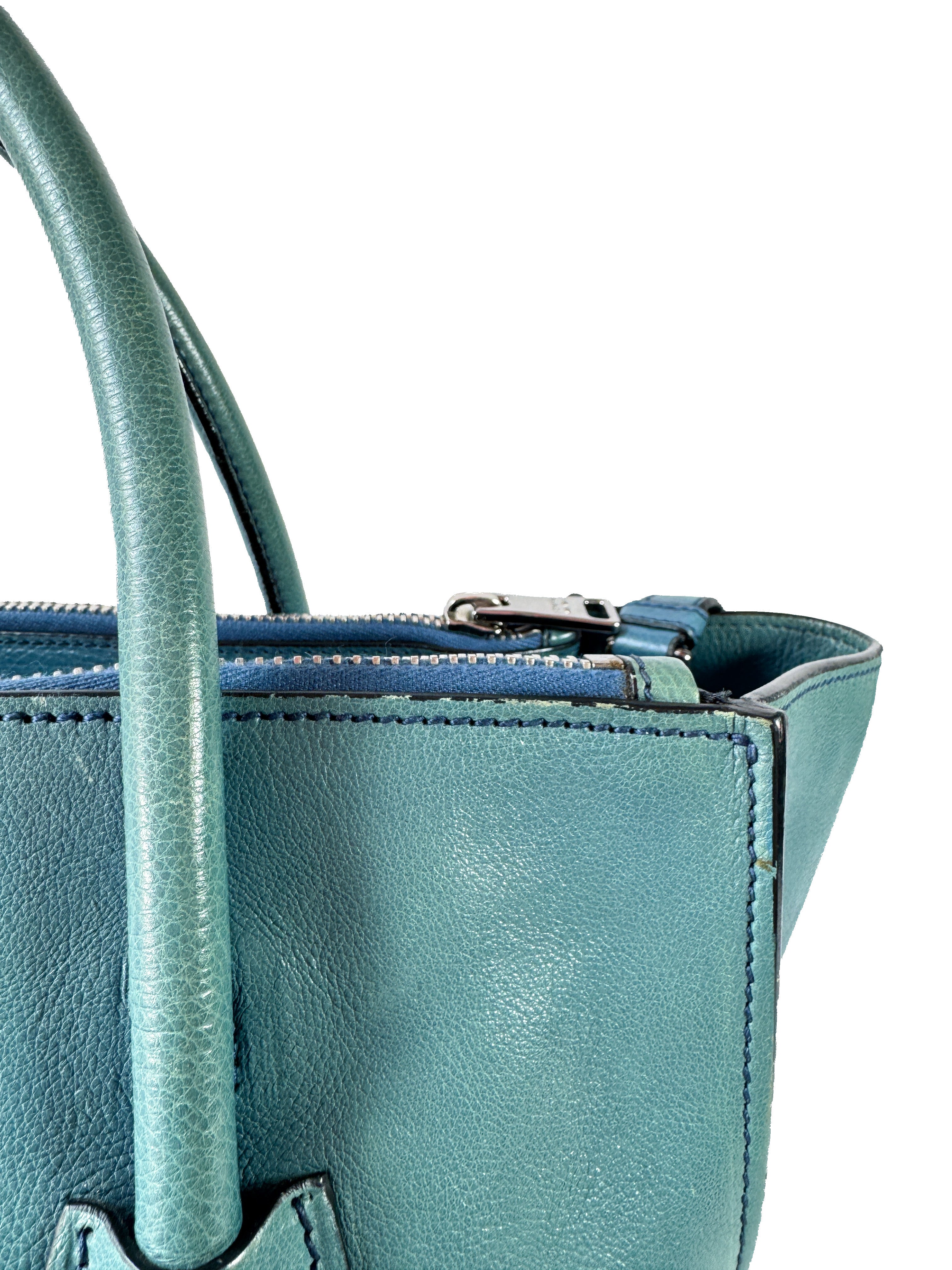 Prada teal twin pocket Glace leather tote 14/O