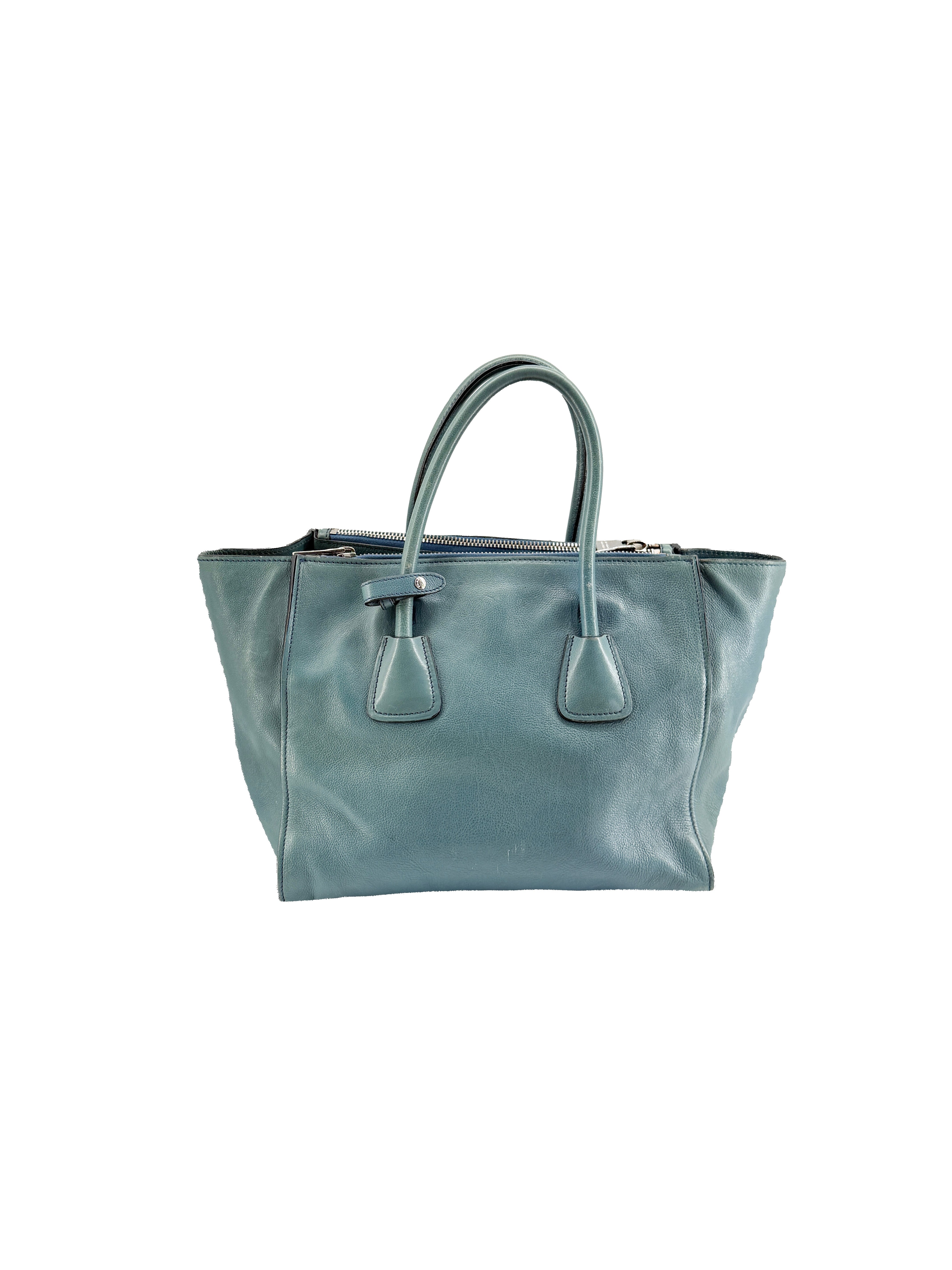 Prada teal twin pocket Glace leather tote 14/O