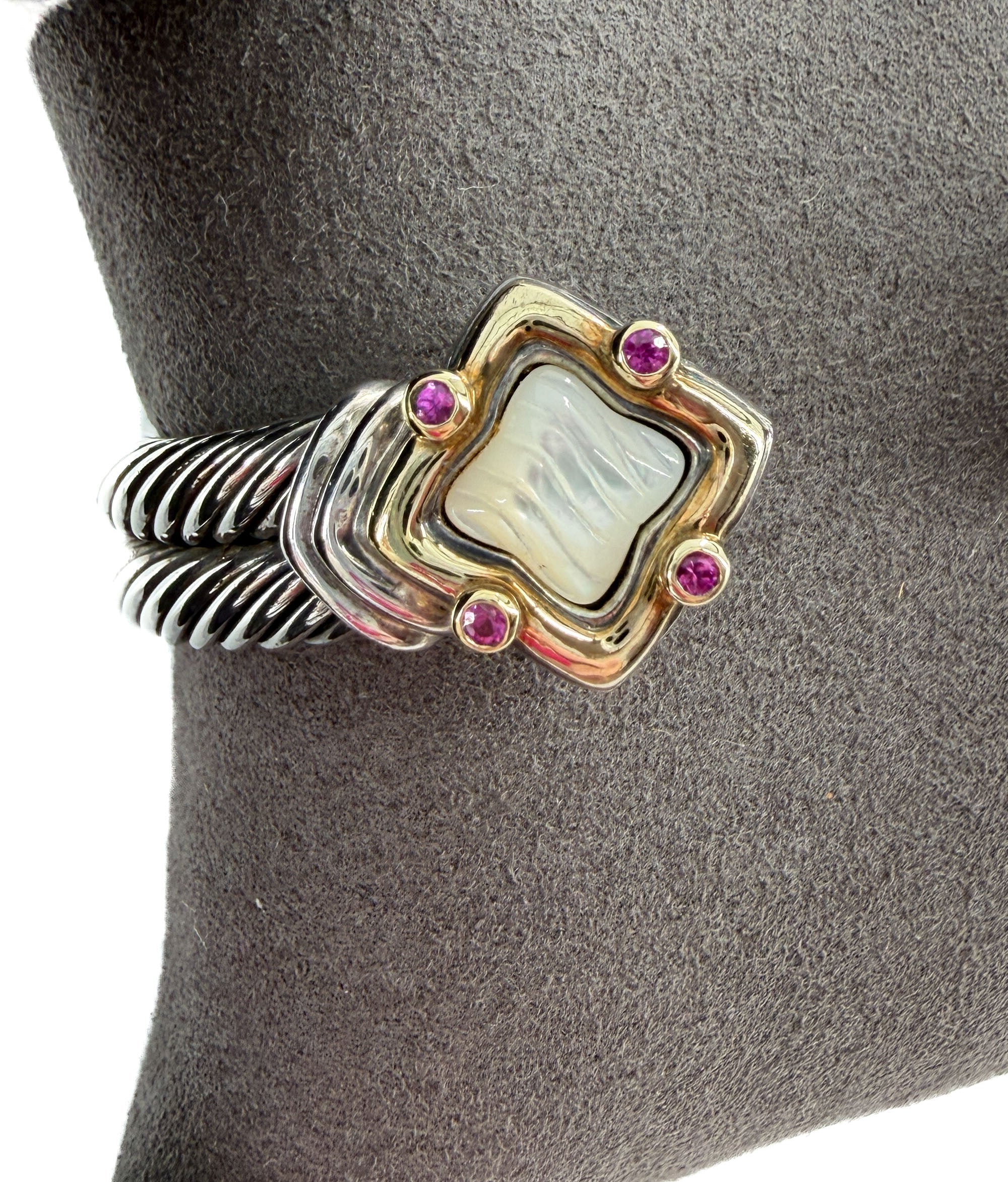 David Yurman sterling silver 14k gold, pearl, pink ruby Quatrefoil bracelet
