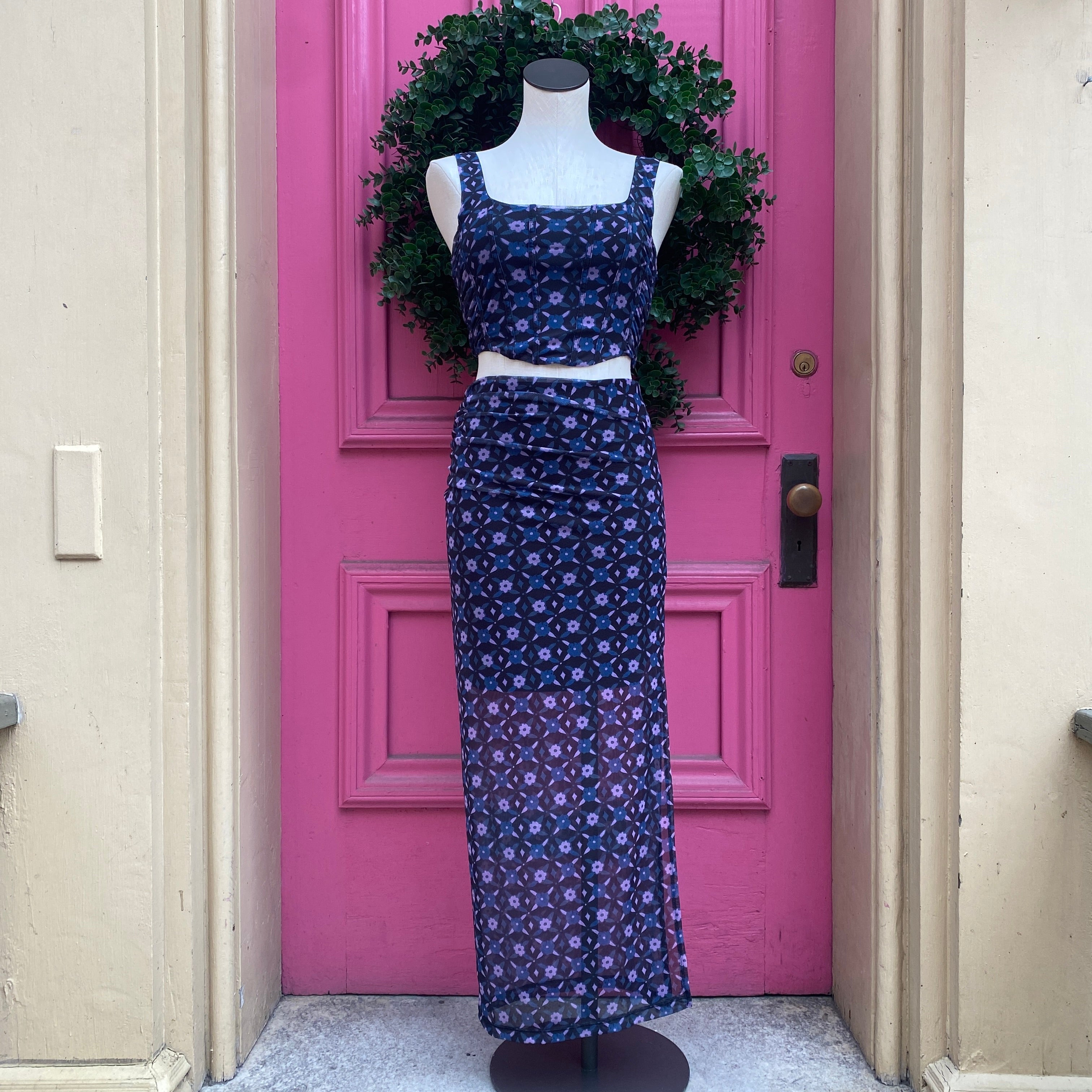 Free People navy purple floral skirt top set size S NWT
