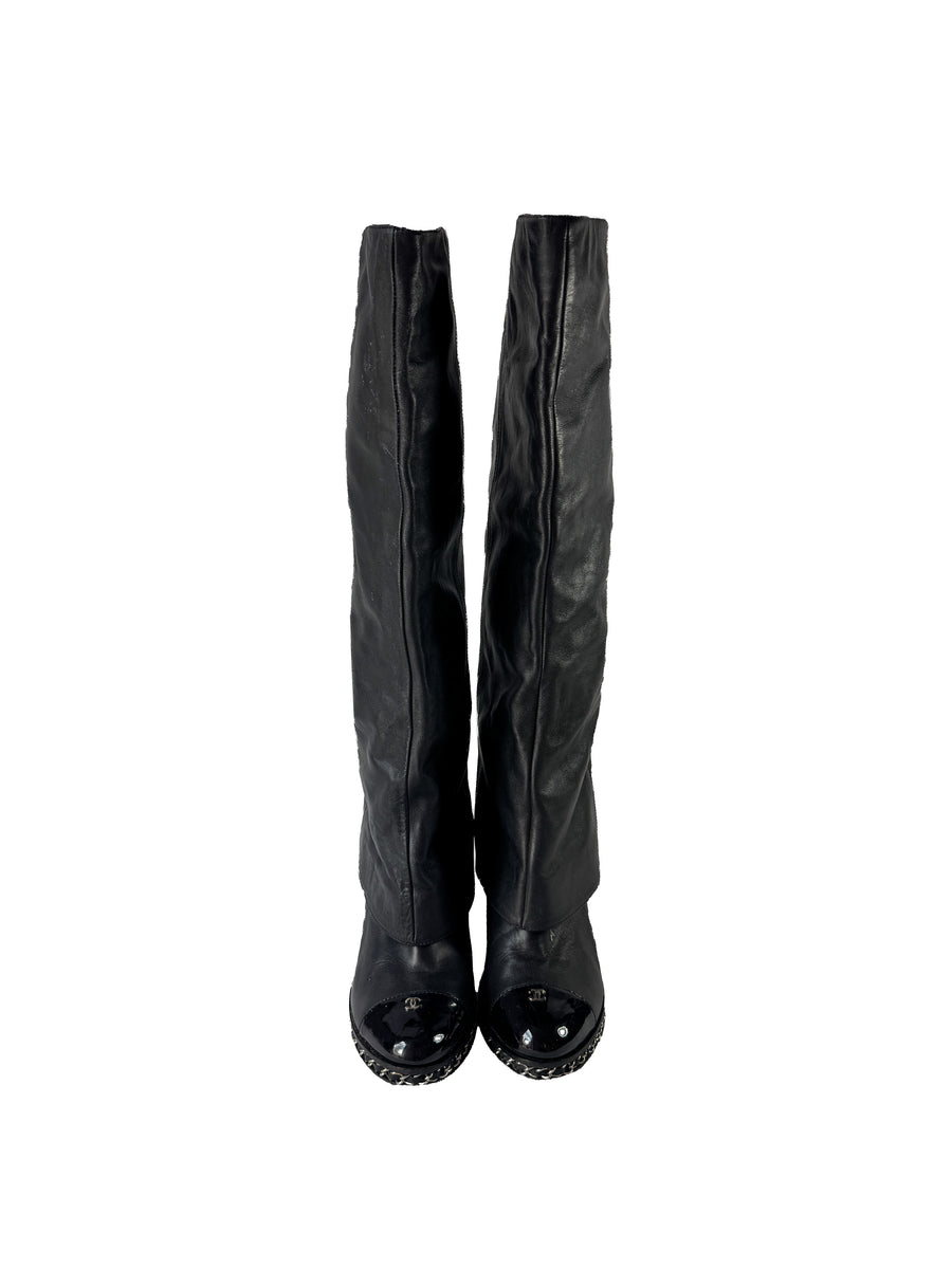 Chanel black leather interlocking CC Ascot knee high boots size