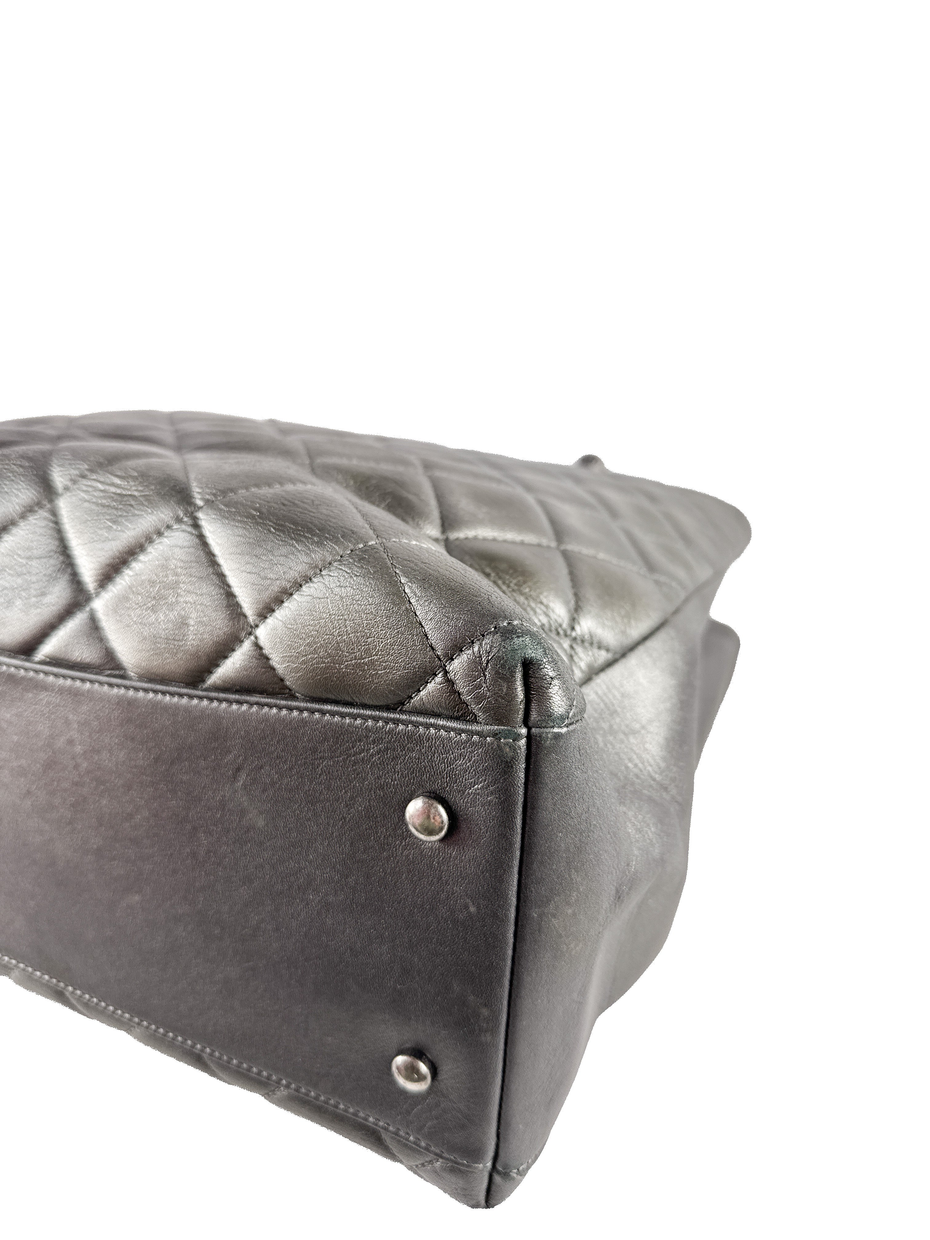 Chanel dark silver quilted large trendy shopping tote 21647644