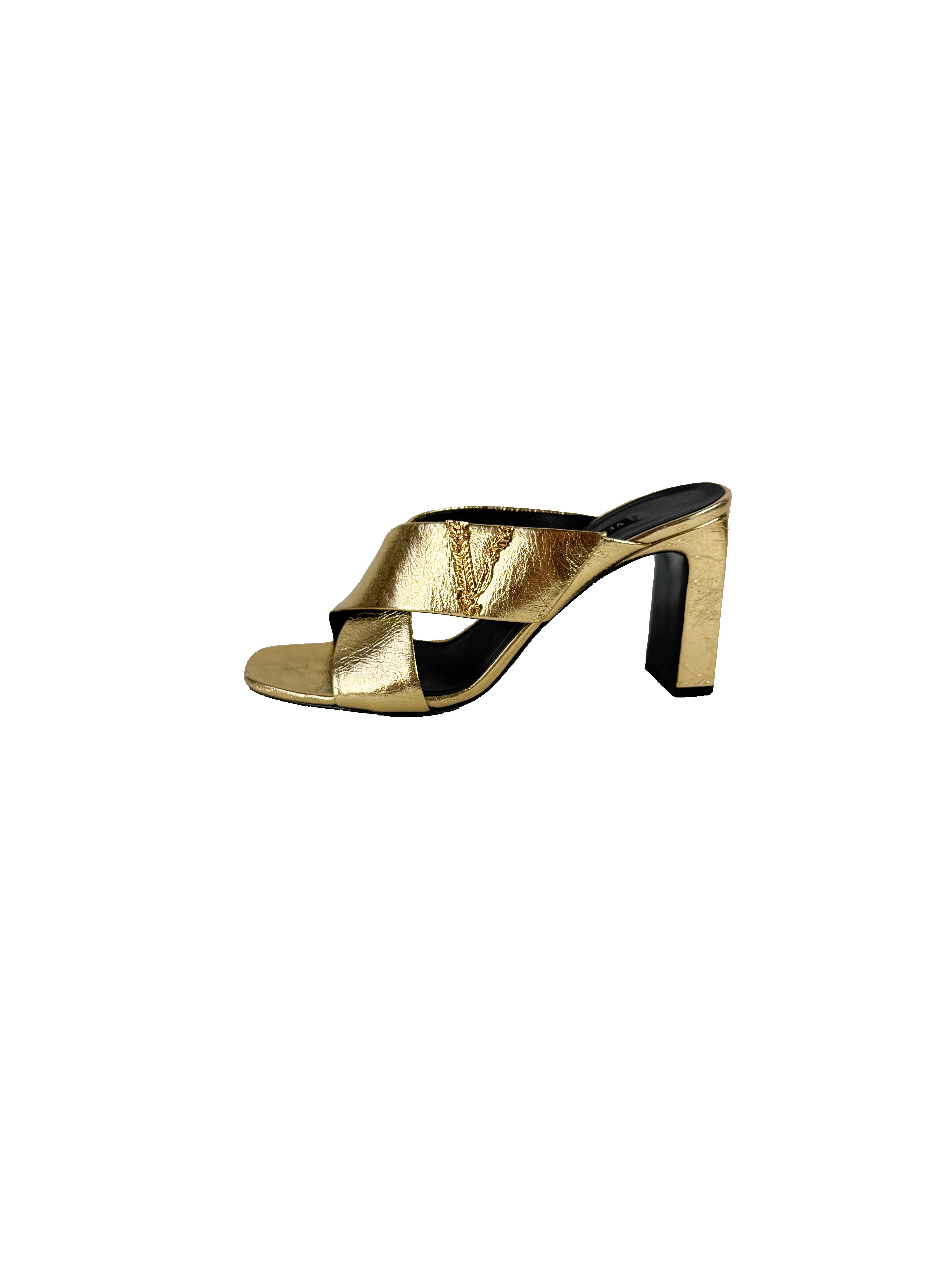 Versace gold leather V heeled sandals size 39 BOX