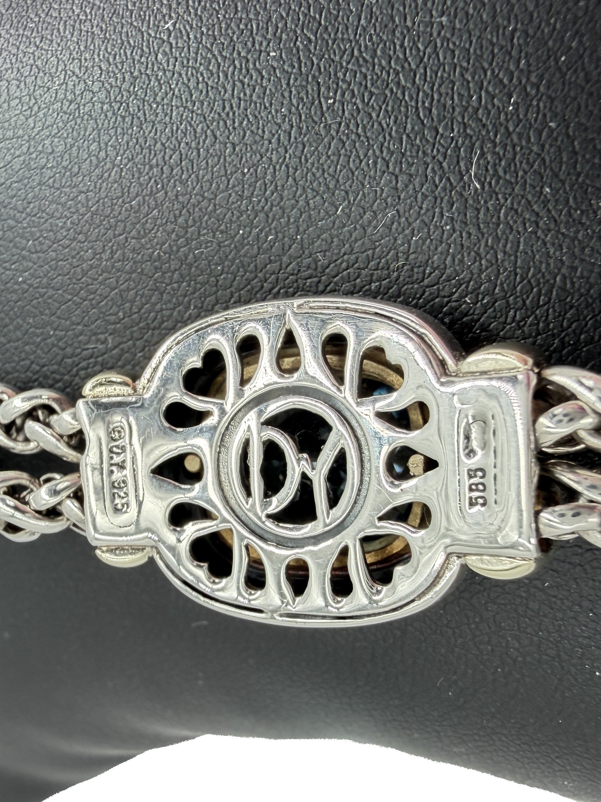 David Yurman sterling silver, yellow gold, blue topaz double wheat chain Albion bracelet