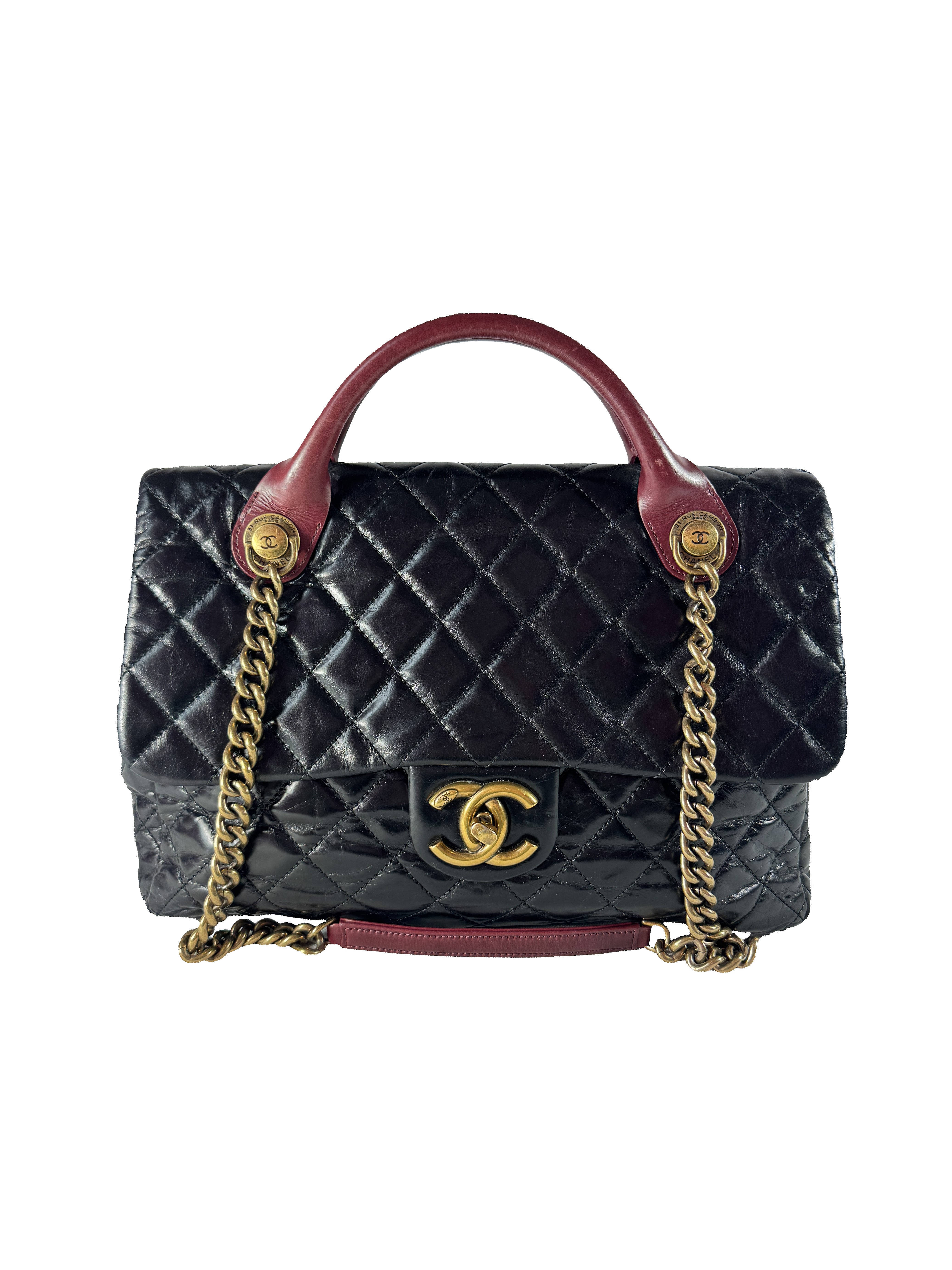 Chanel black/burgundy leather medium Castle Rock flap bag 23207144