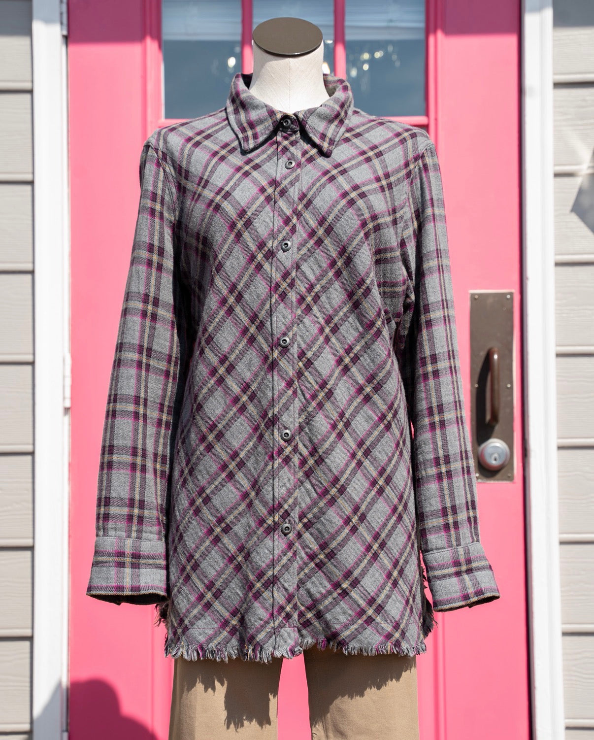 Cabi gray purple plaid fringe BU size L