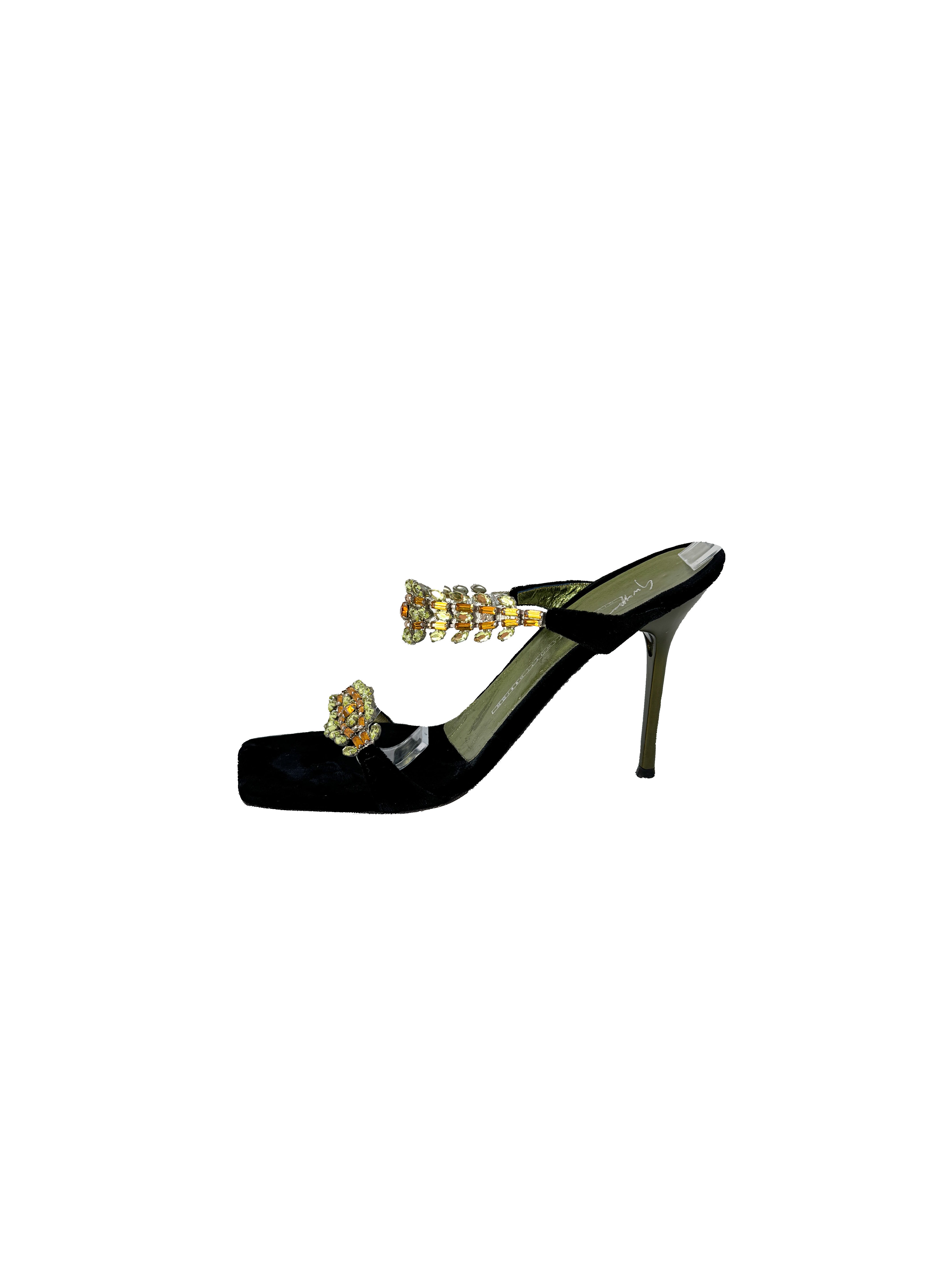 Giuseppe Zanotti black velvet jeweled heeled slides size 37 BOX