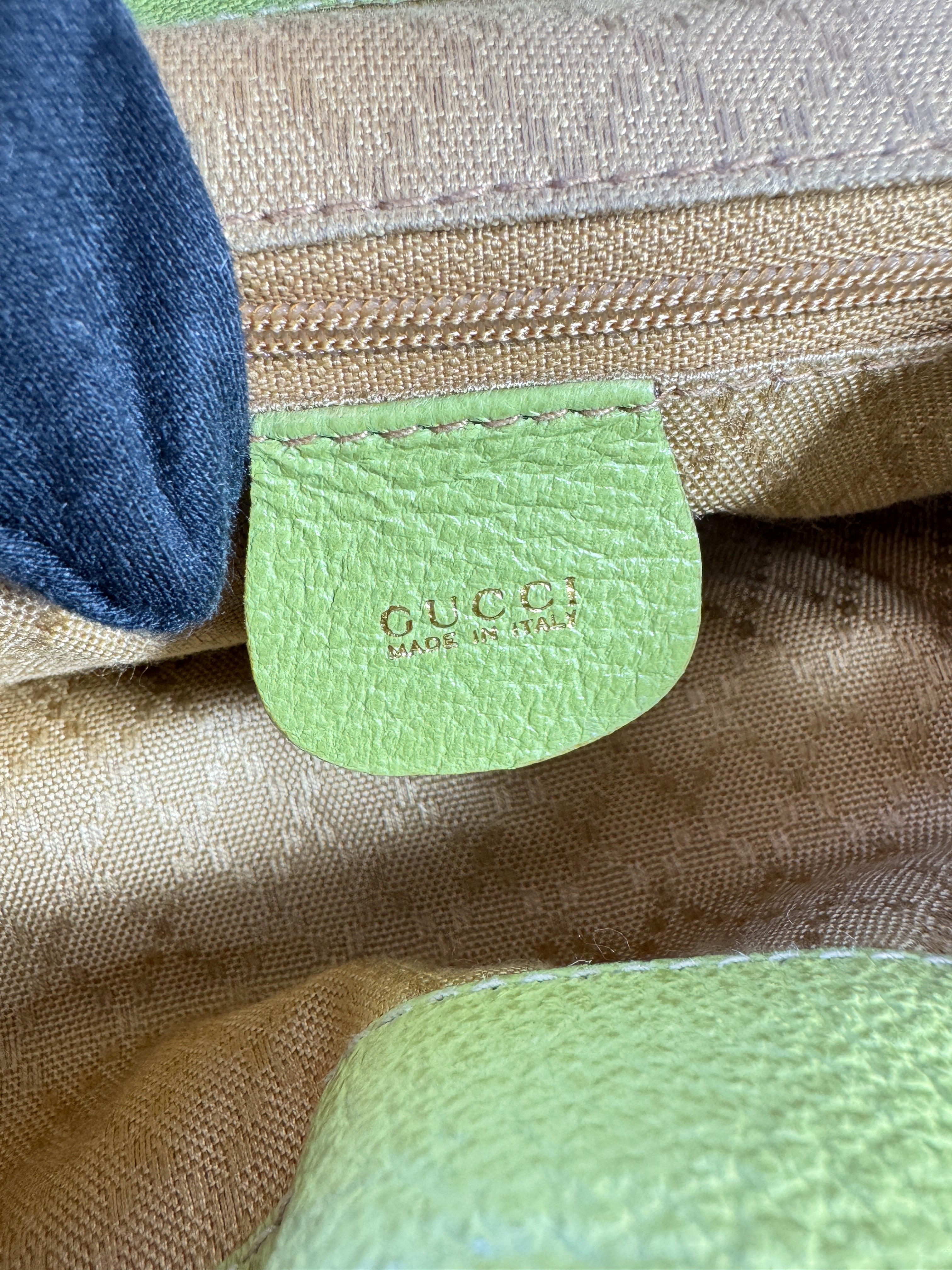 Gucci lime green vintage suede Bamboo large backpack 003-1998-0016
