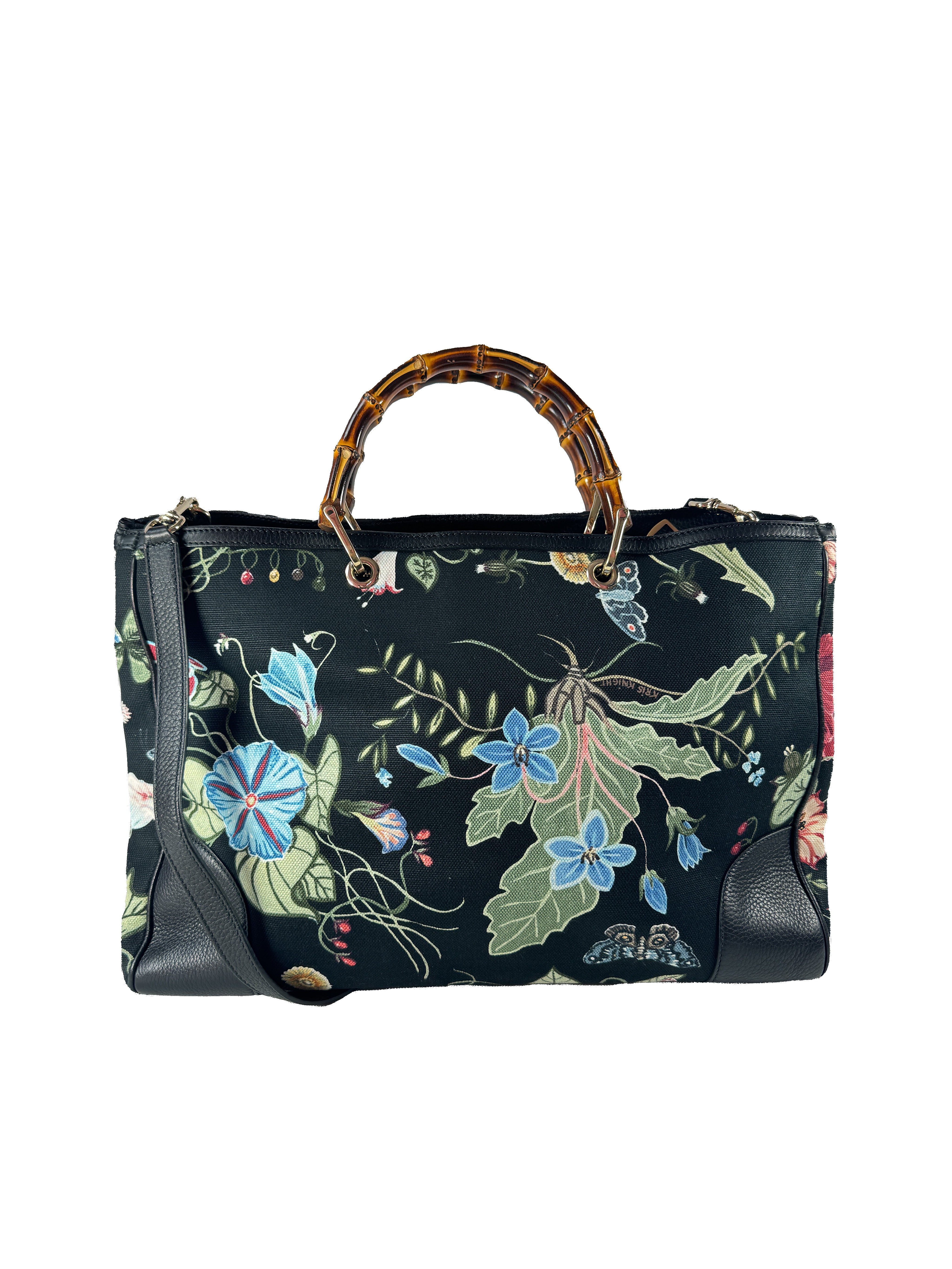 Gucci black floral knight bamboo handle shopper large 323658486628