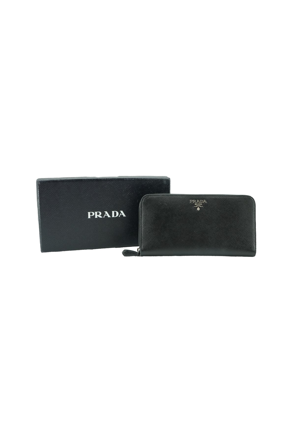 Prada black leather saffiano leather zip around 42