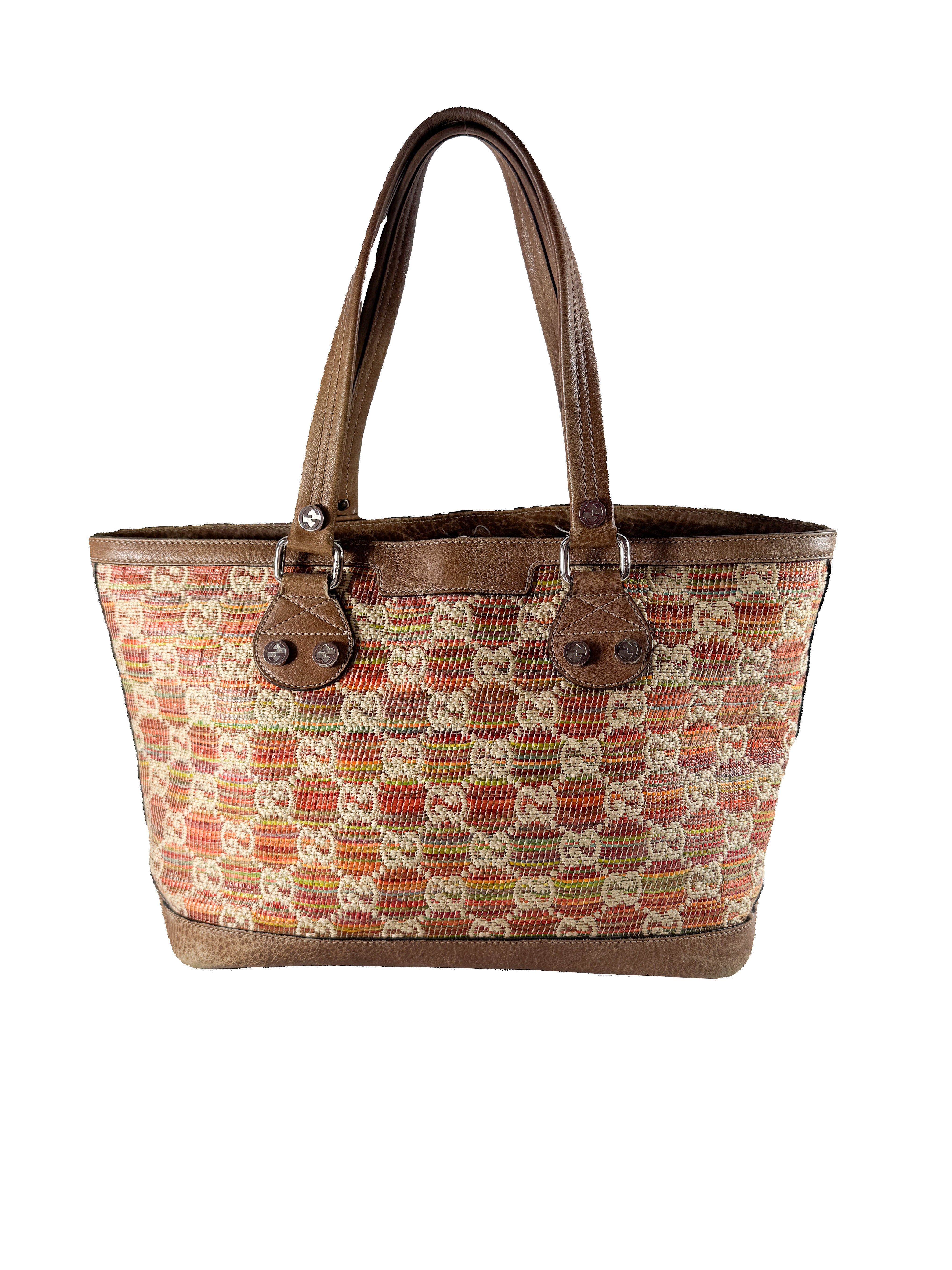 Gucci GG sunset Paglia straw and leather tote 232973000926