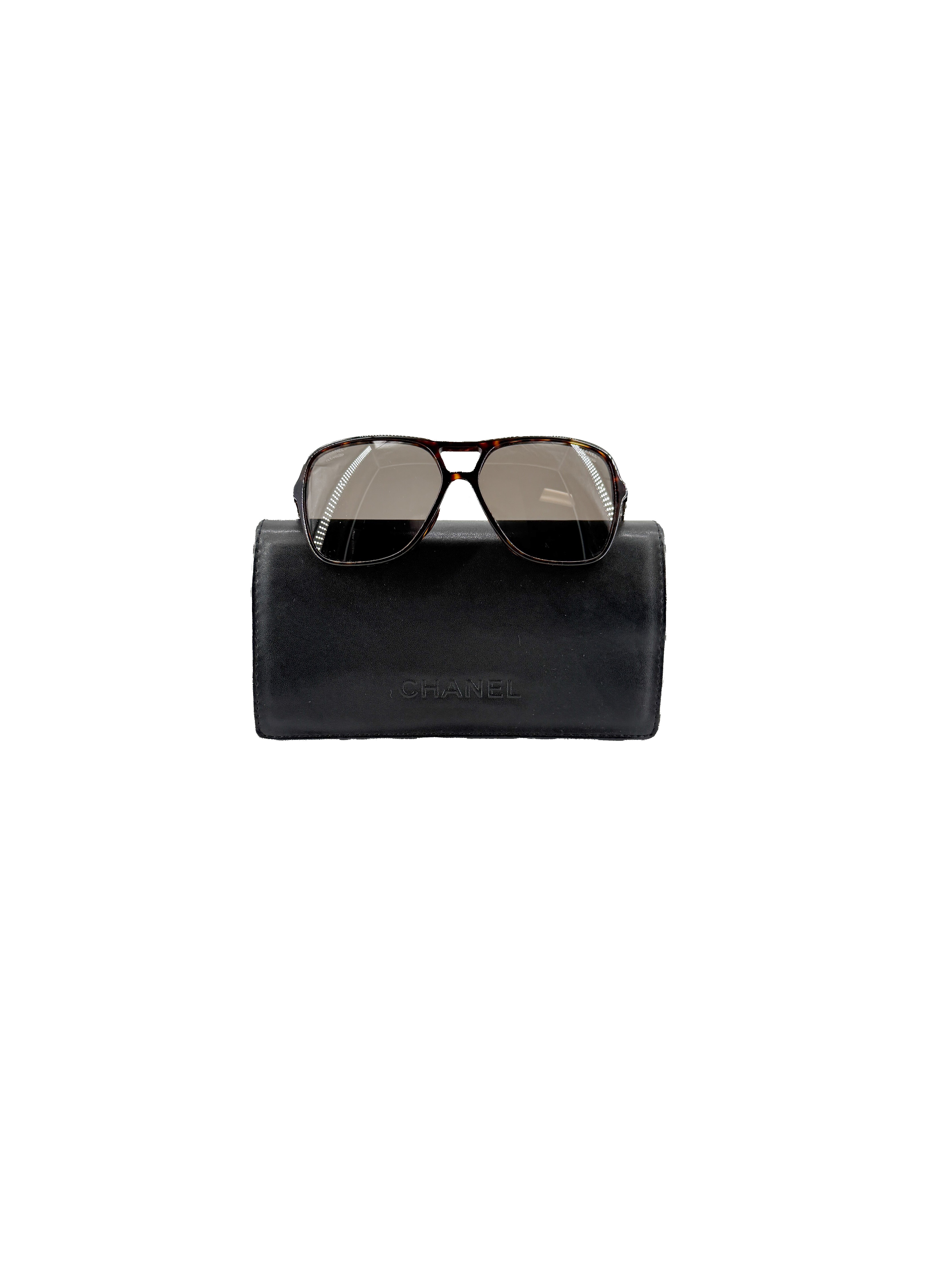 Chanel chain temple pilot brown tortoise polarized sunglasses 5439-Q *case*