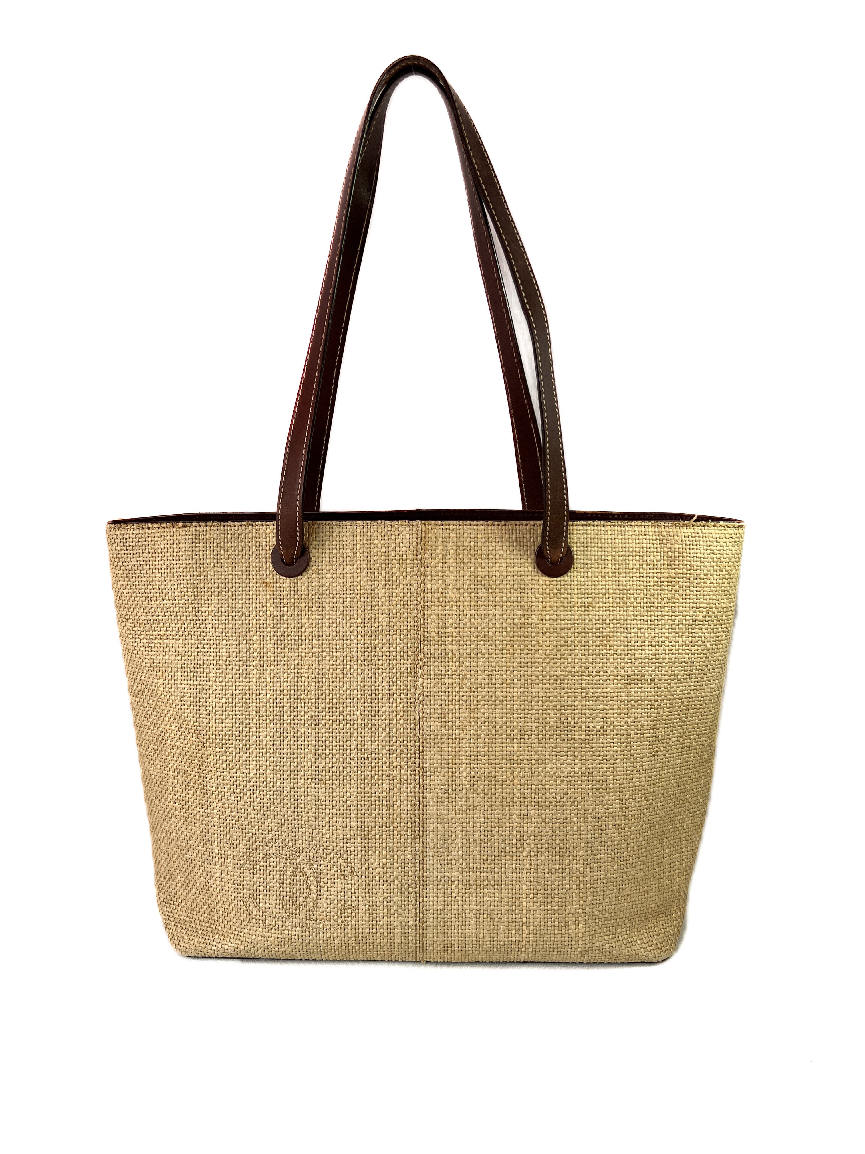 Chanel natural raffia and leather tote