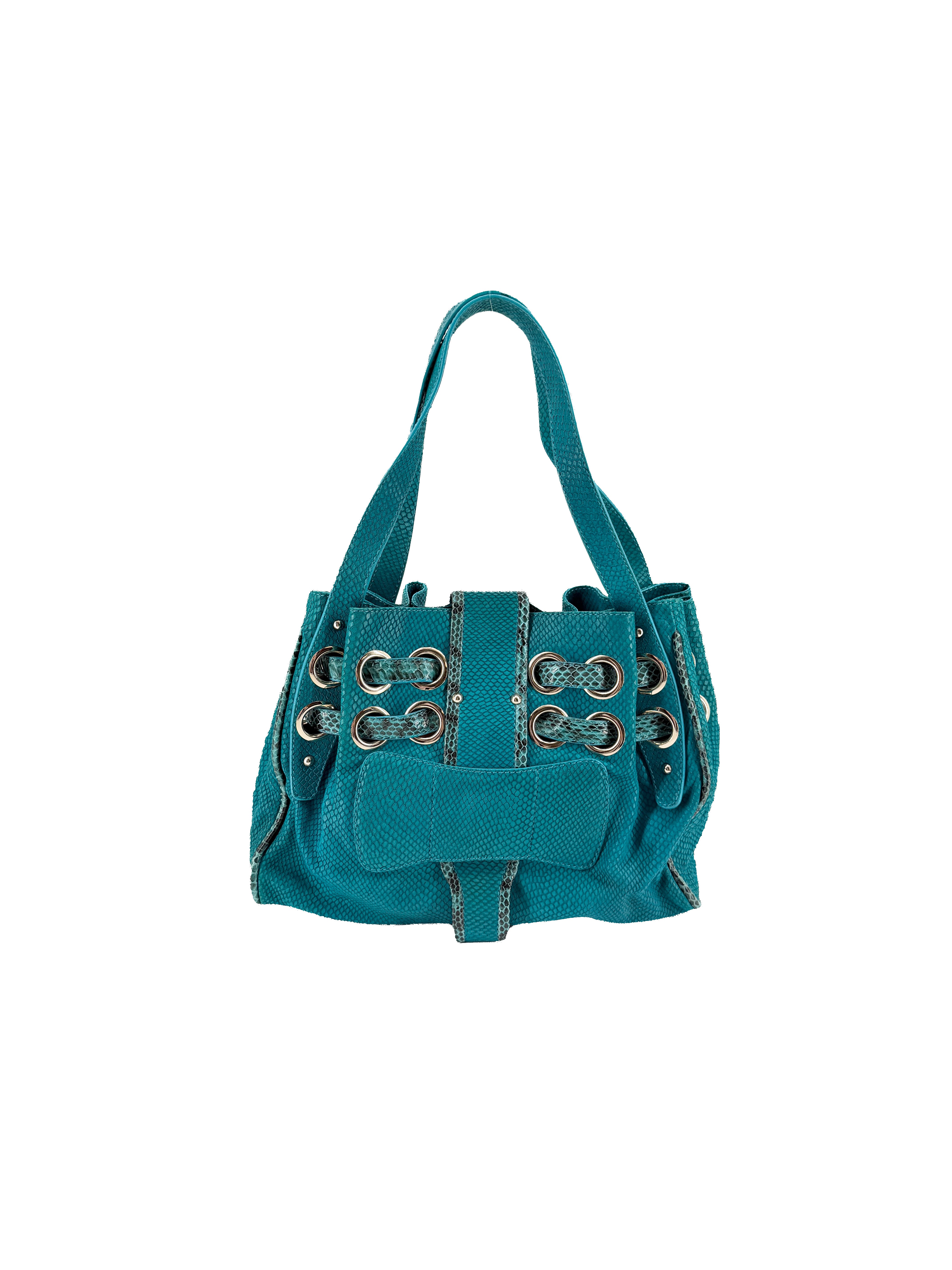 Jimmy Choo teal snake embossed leather Riki bag