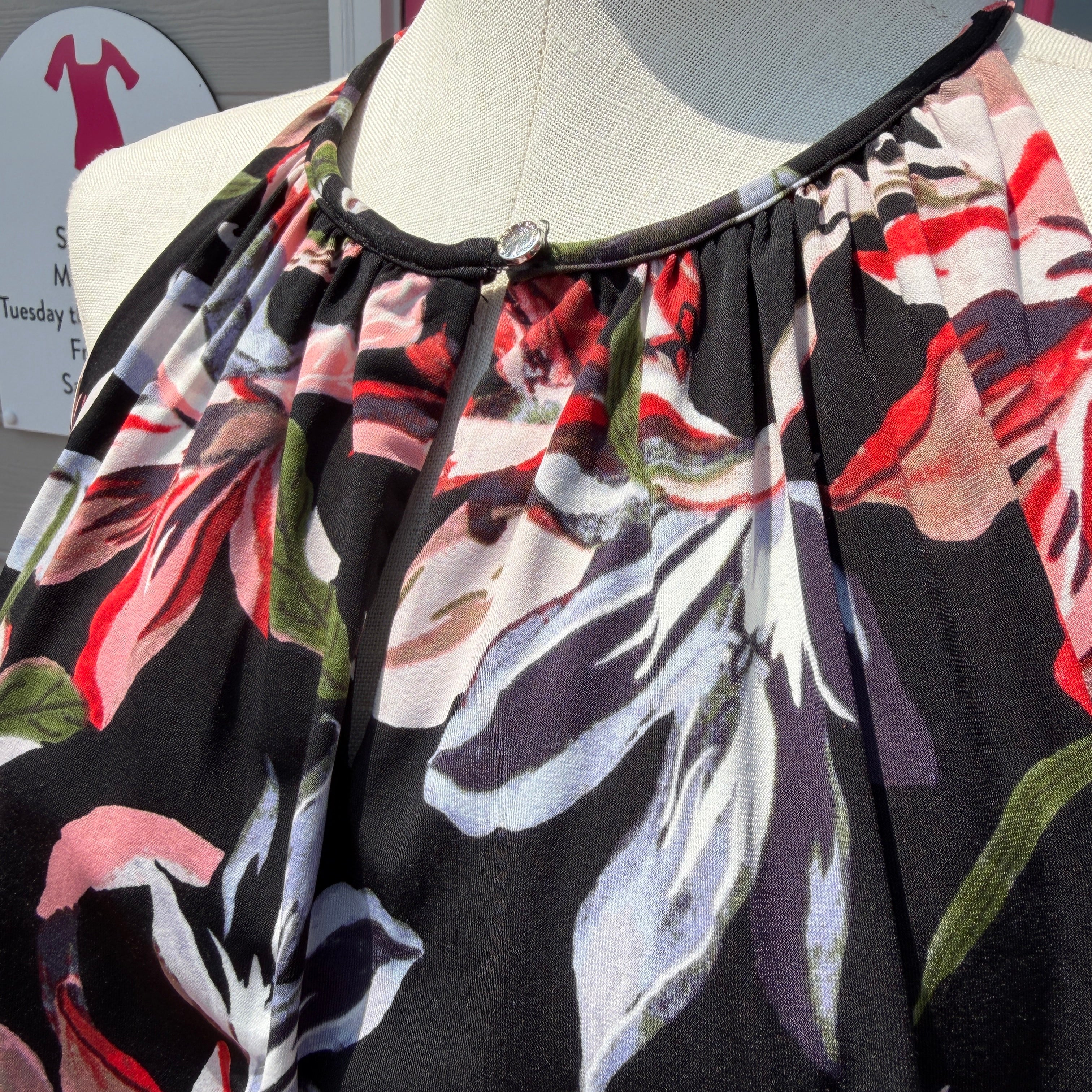 T Tahari black pink floral jumpsuit size M