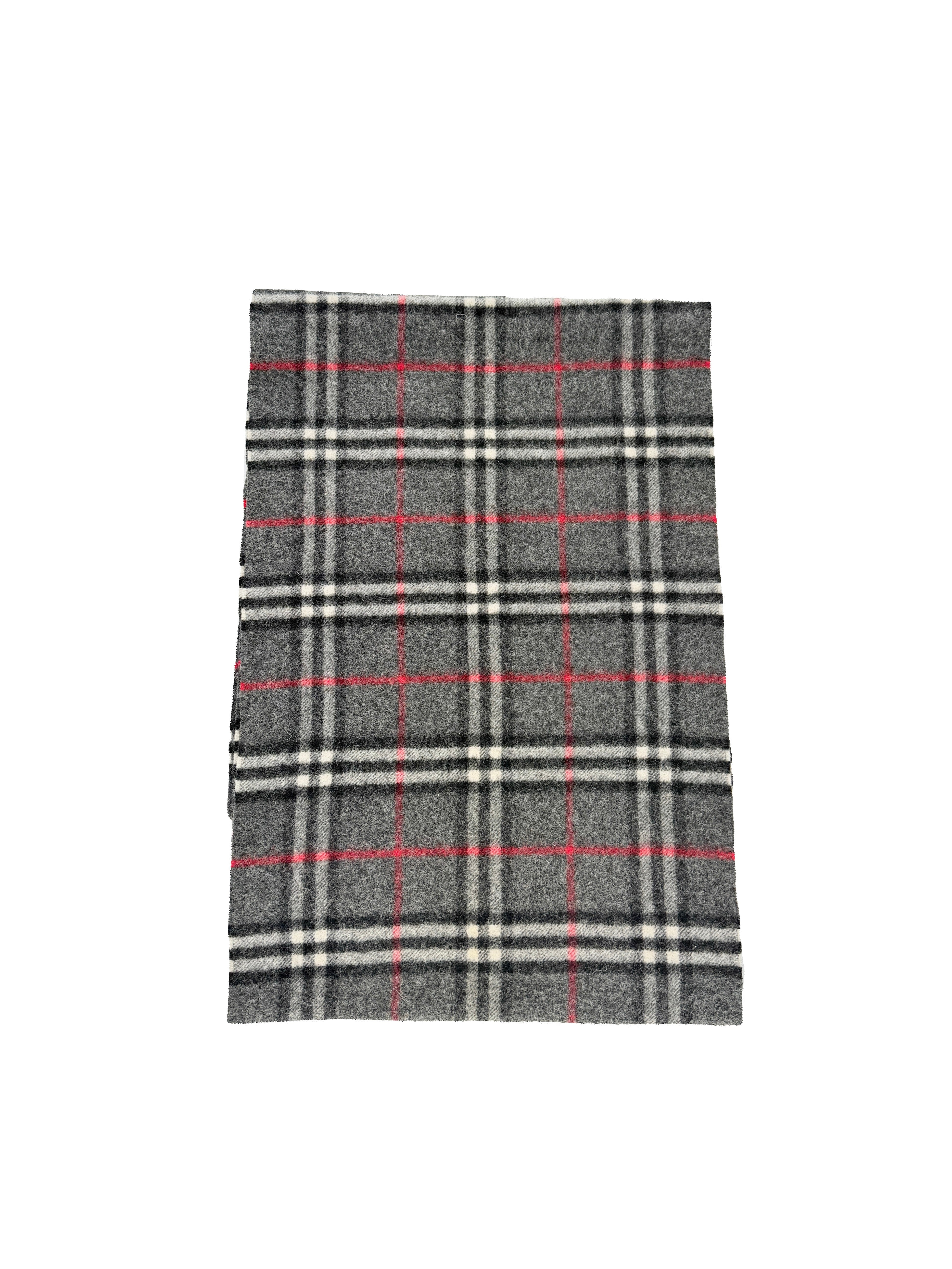 Burberry gray, red, black plaid vintage lambswool scarf