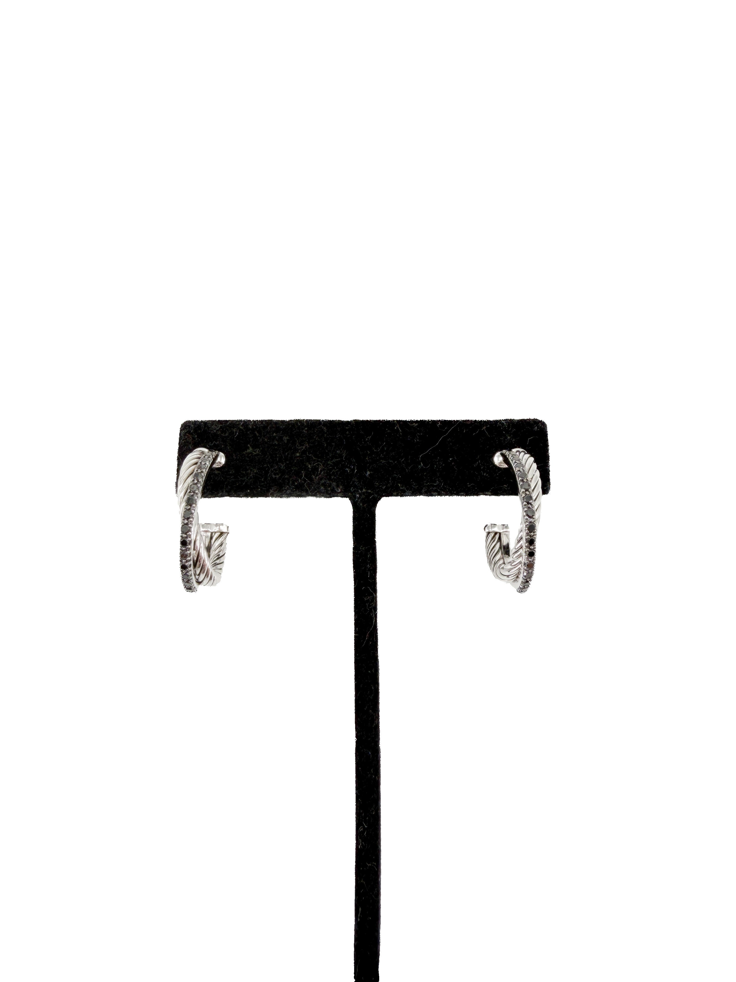 David Yurman sterling silver, black diamonds crossover hoop earrings