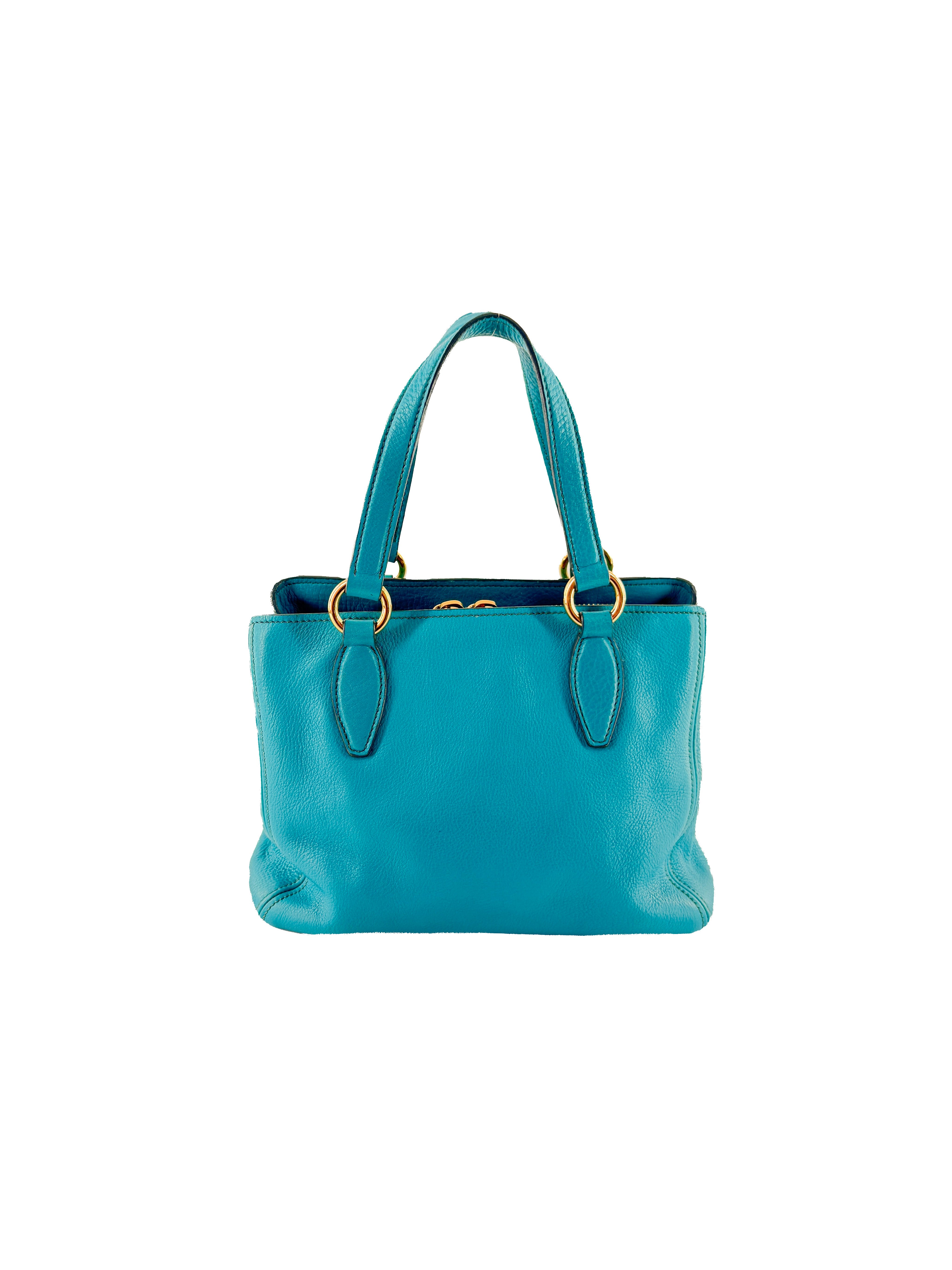 Miu Miu teal blue Caribe leather tote 122