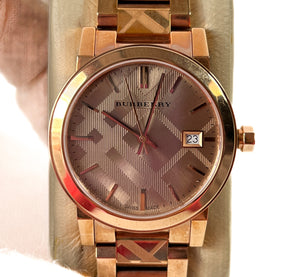 Burberry rose gold tone plaid watch