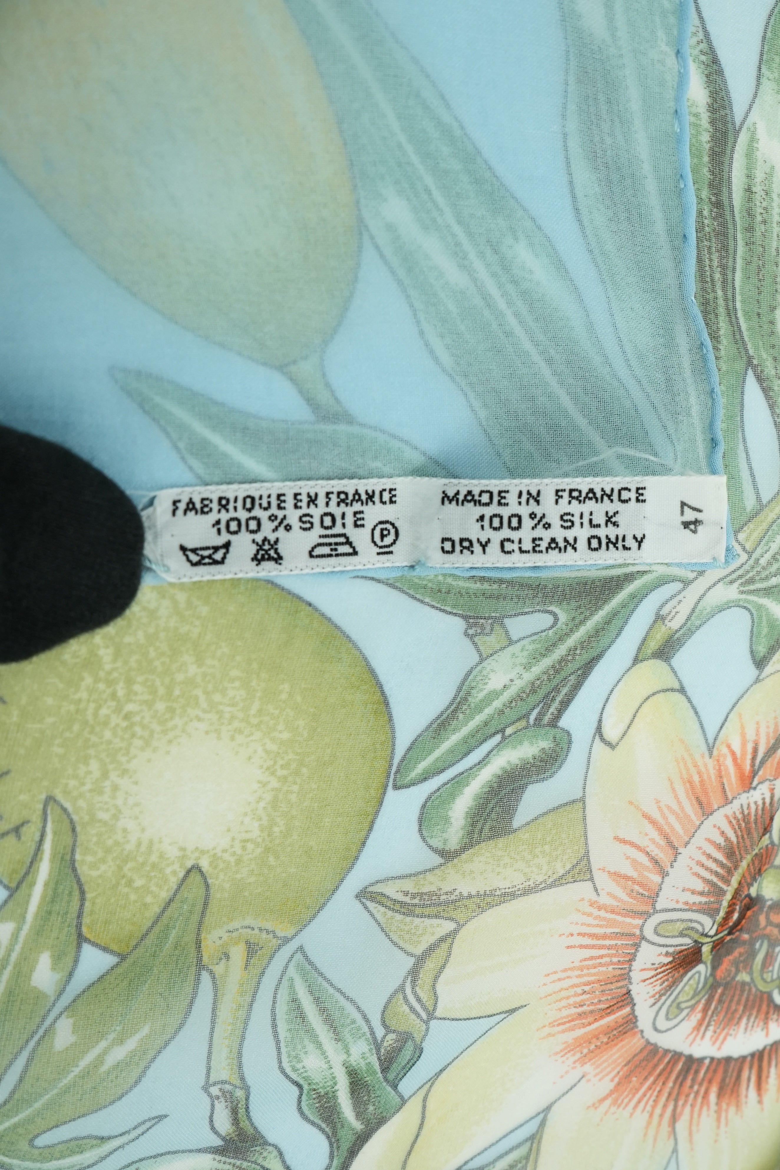 Hermès blue silk Passiflores oblong mousseline shawl