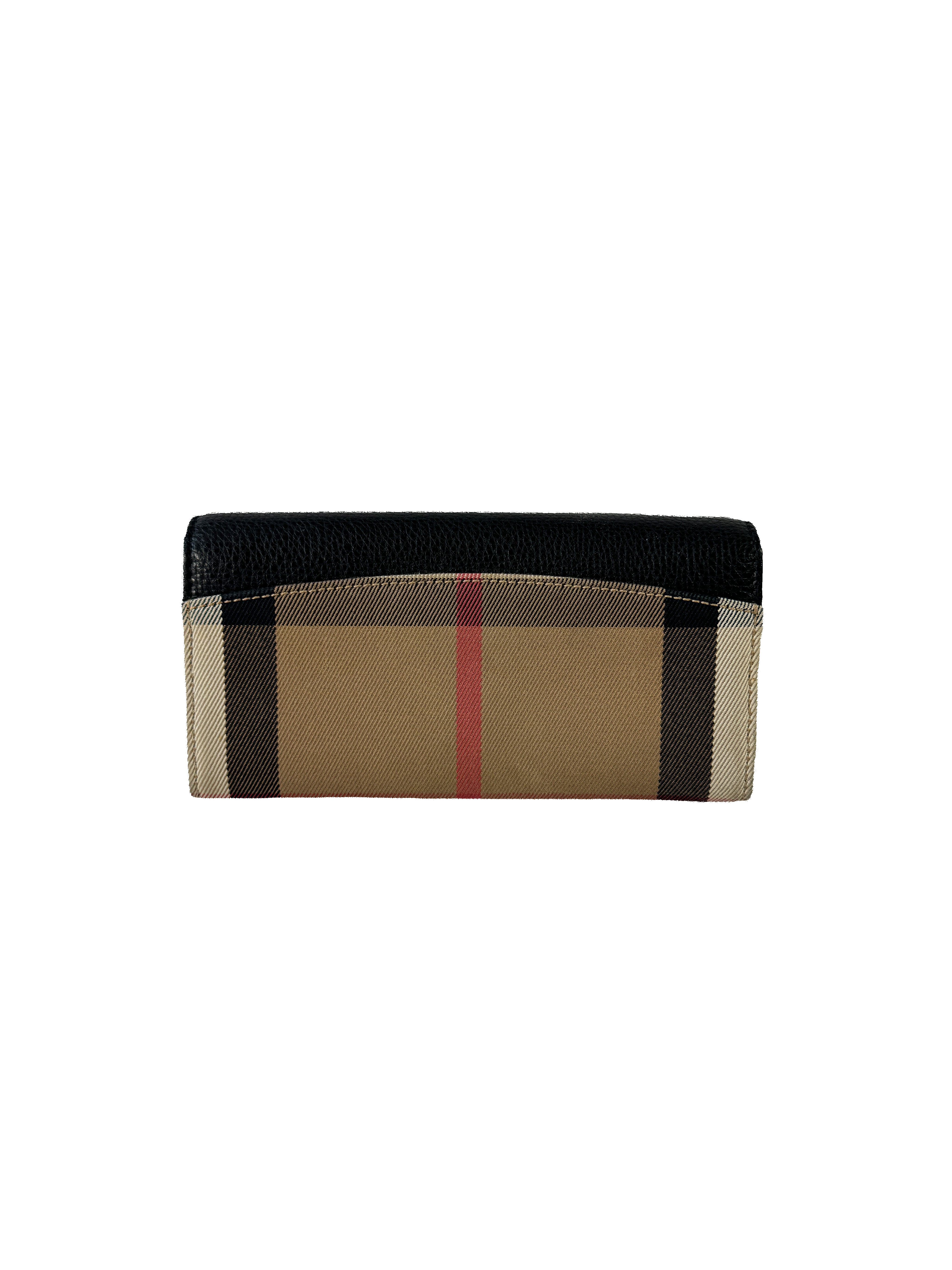 Burberry black leather check long wallet