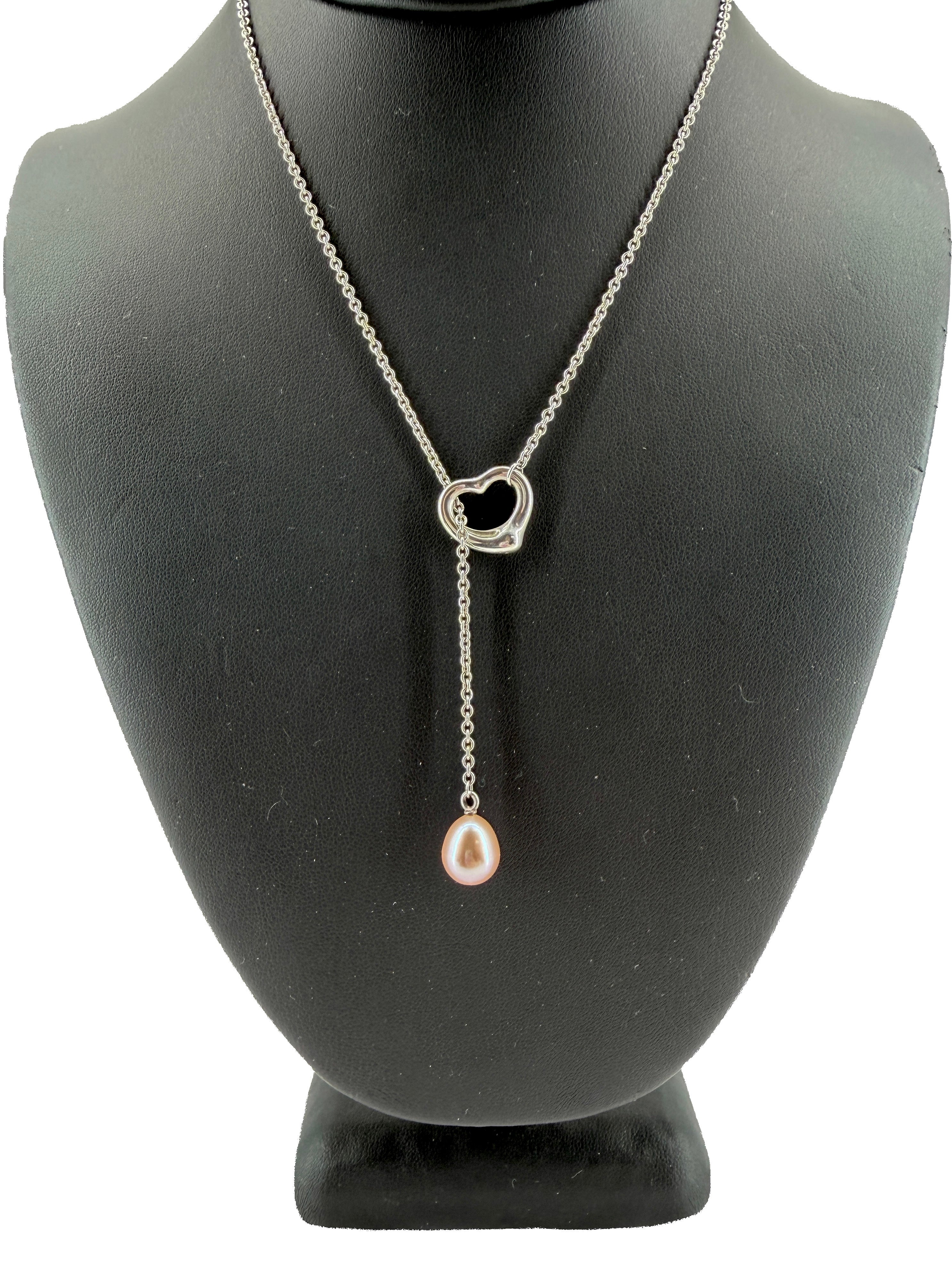 Tiffany & Co Elsa Peretti sterling silver, pink pearl open heart lariat necklace