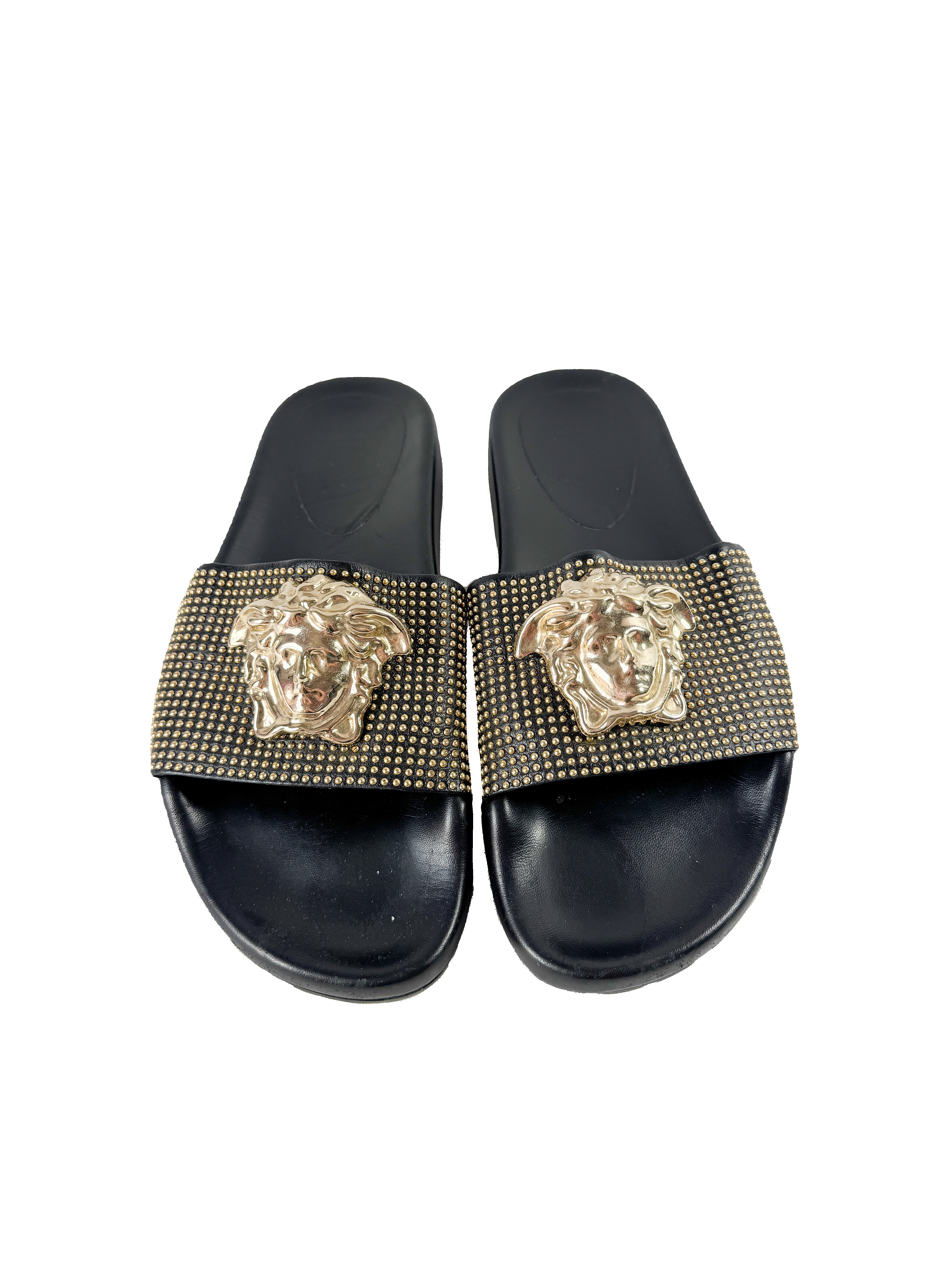 Versace black leather studded Medusa head slides size 39