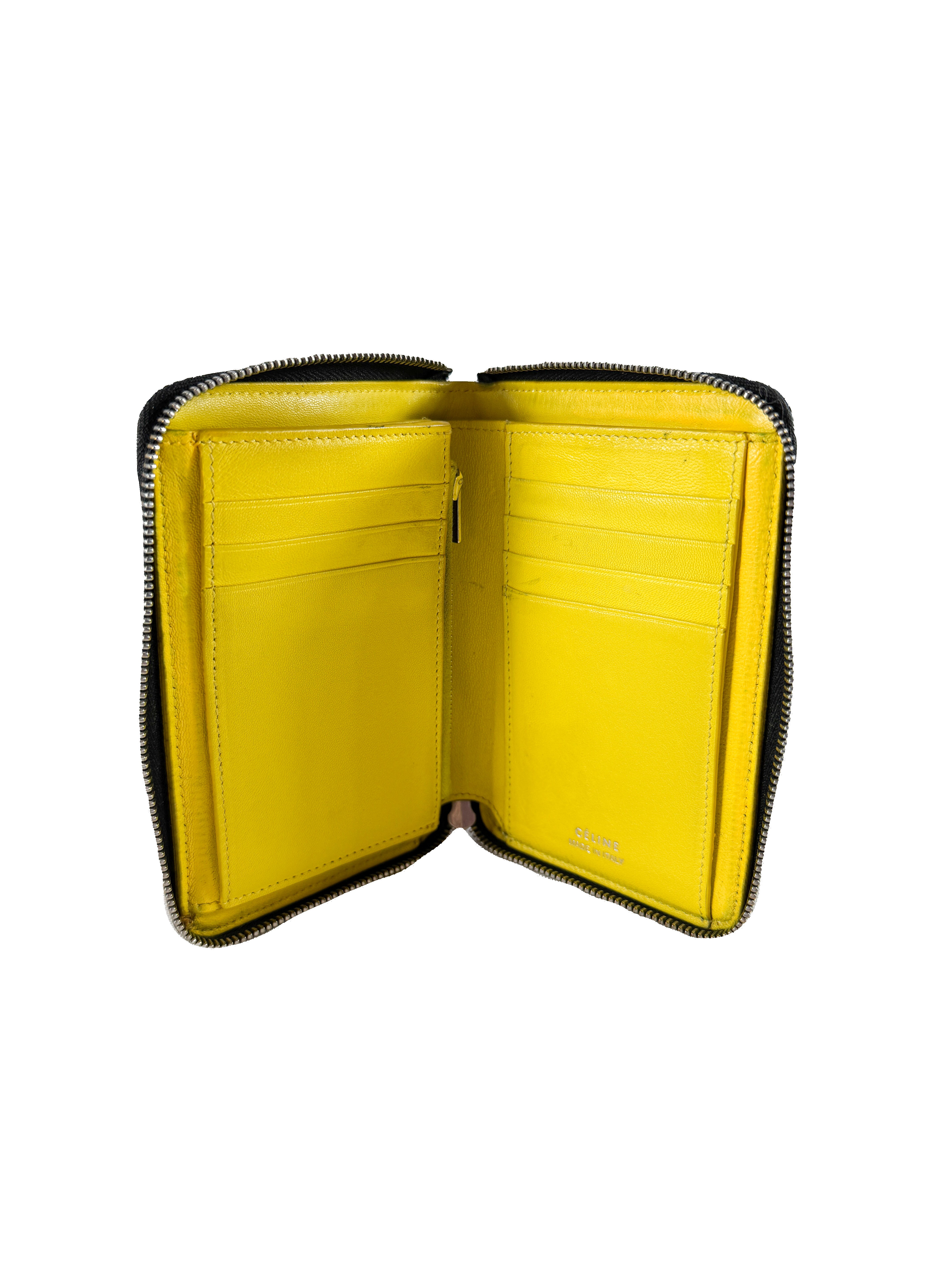 Celine black/yellow leather small zip around wallet