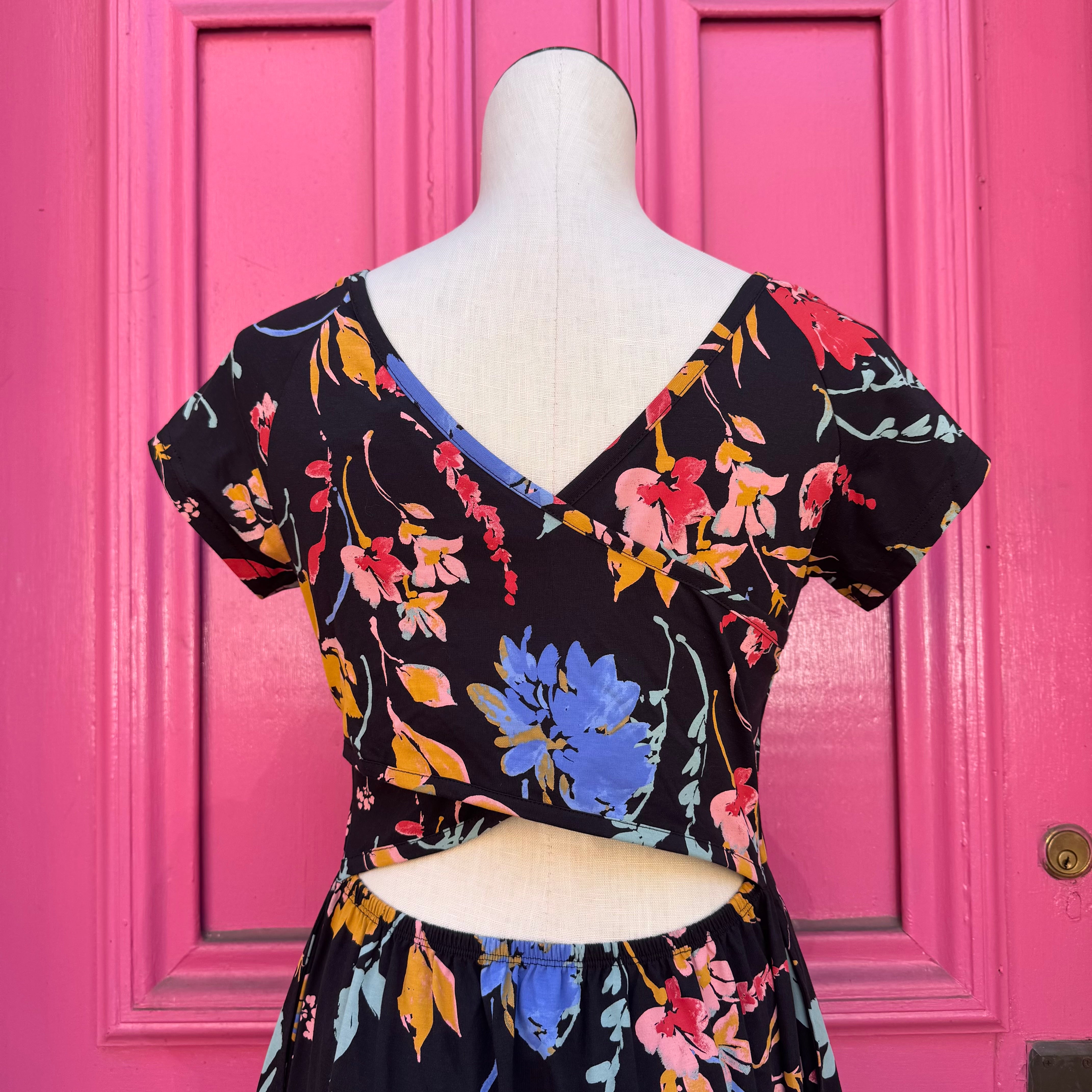 Pact black multicolor floral maxi dress size L NWT