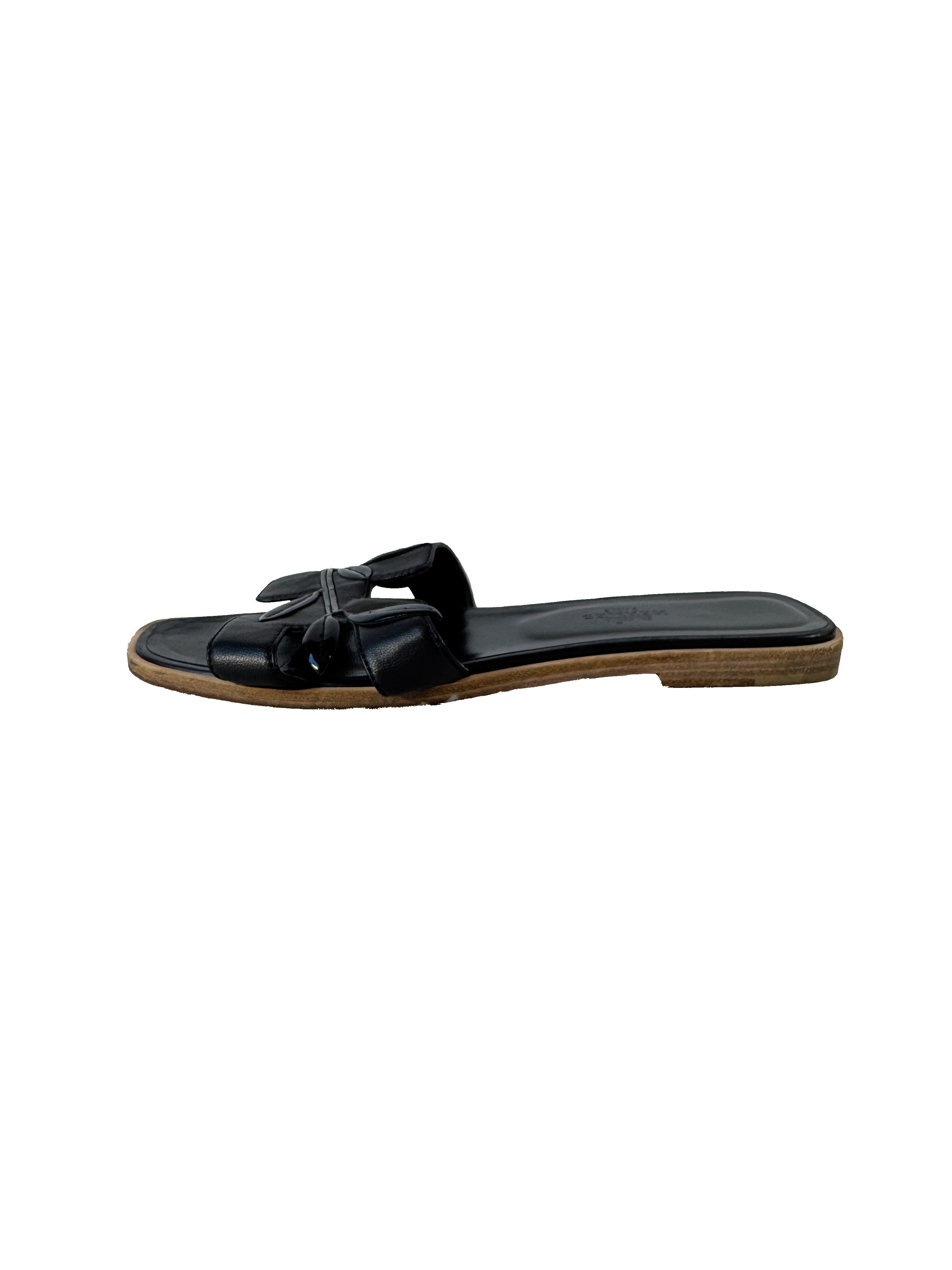 Hermès black leather Laurel Oran sandals size 38
