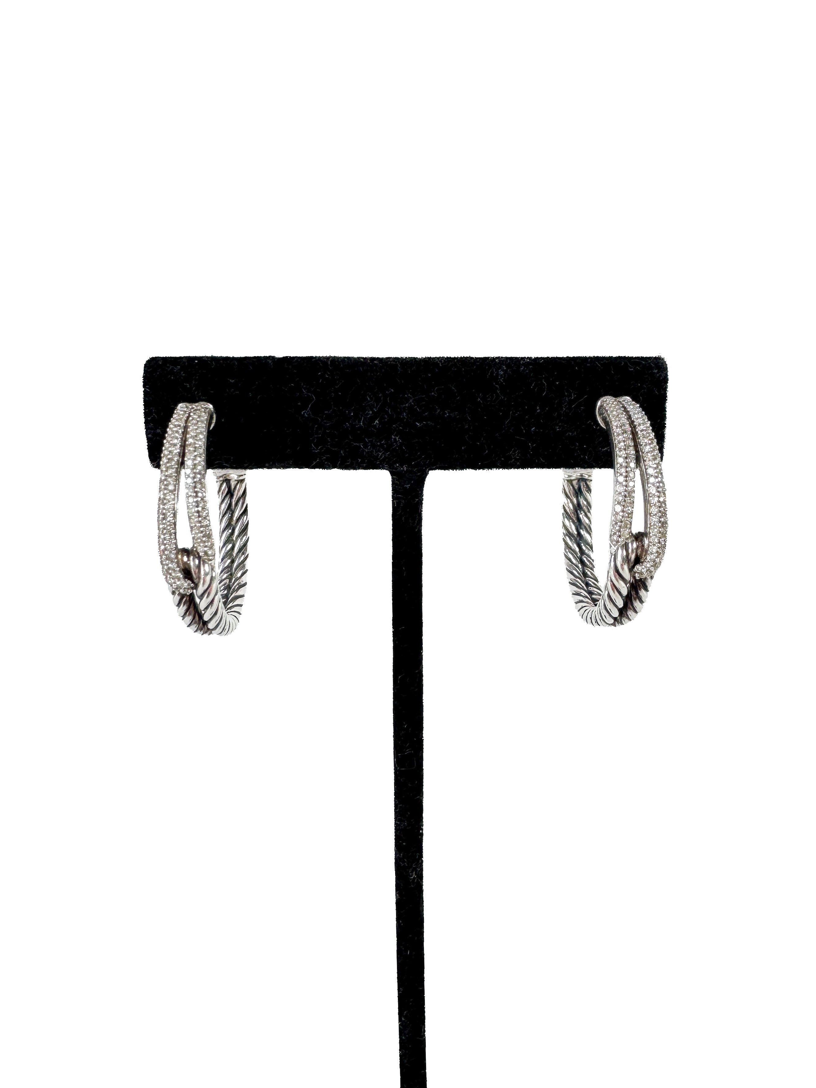 David Yurman sterling silver, diamonds Labyrinth crossover hoop earring