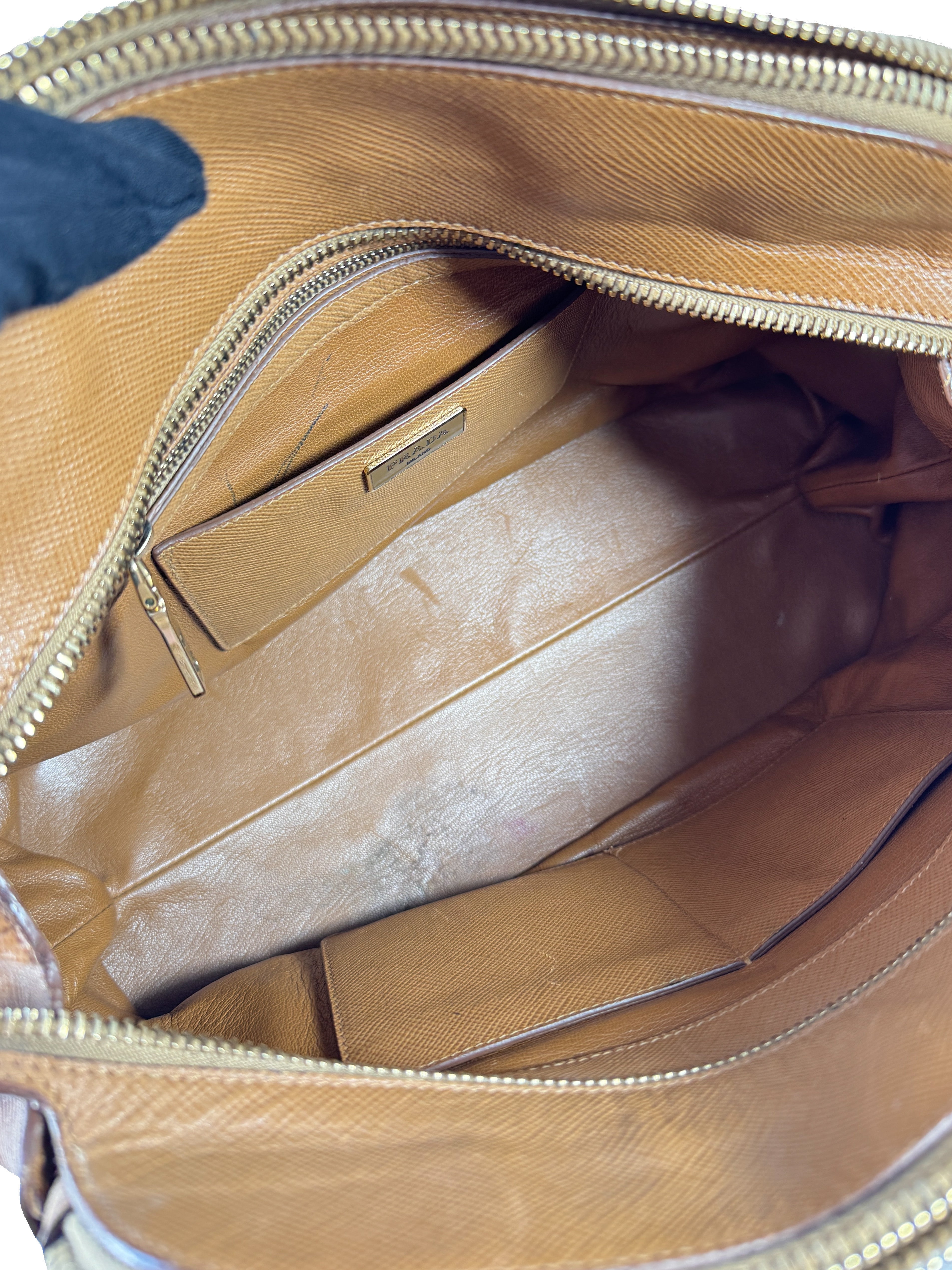 Prada brown Saffiano triple zip domed satchel 180