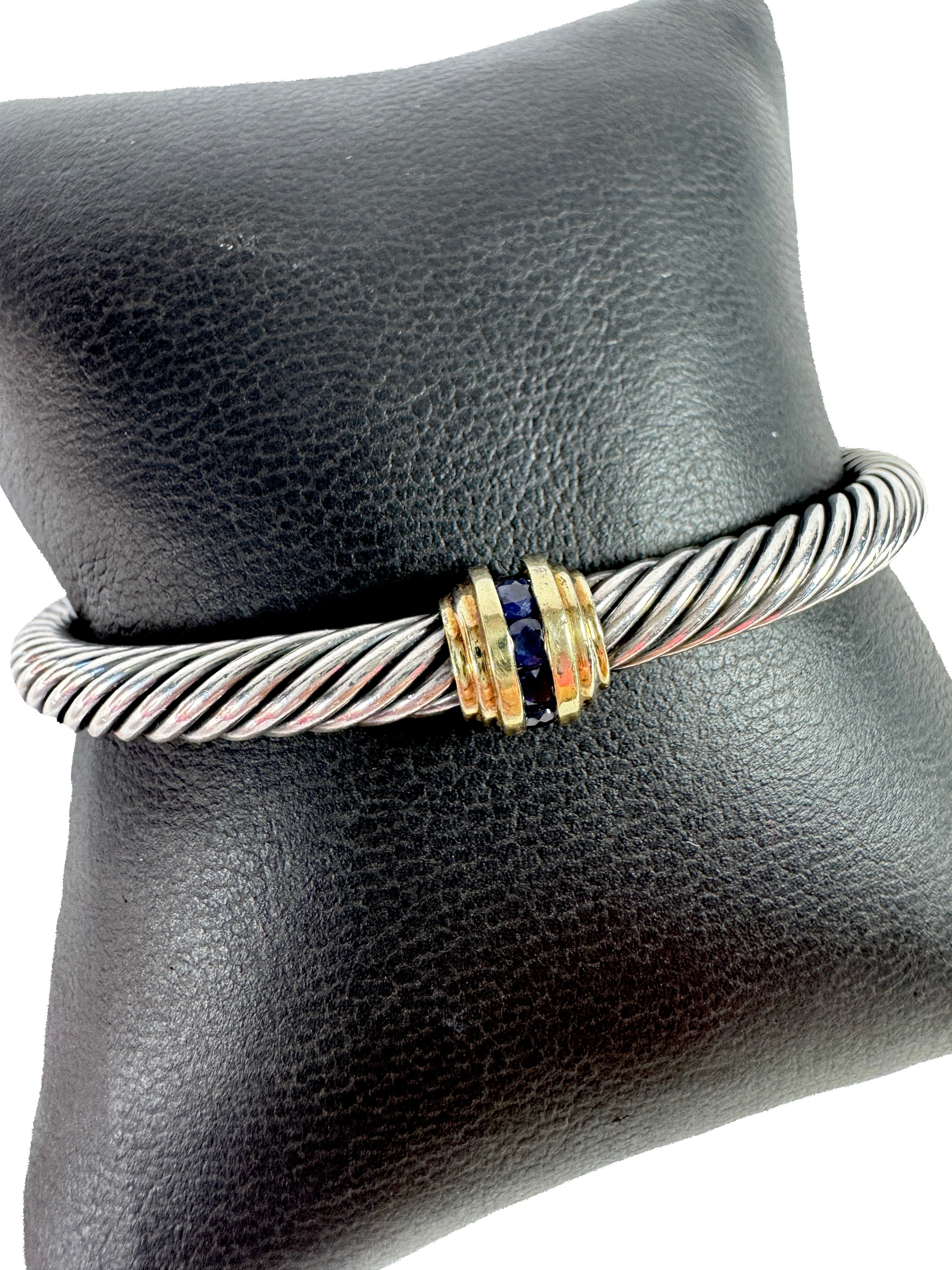 David Yurman sterling silver, 14k gold, blue sapphires cable bracelet