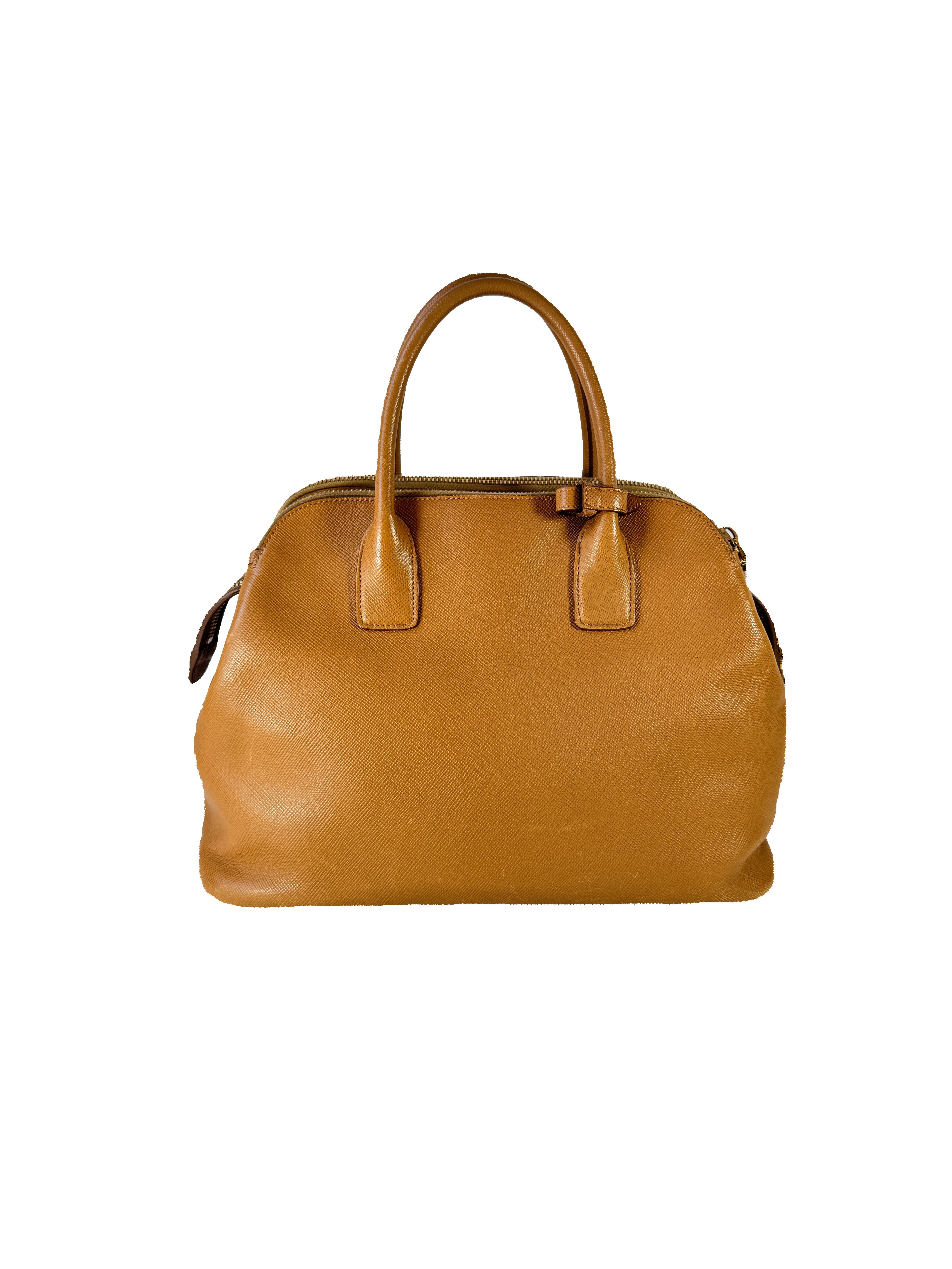 Prada brown Saffiano triple zip domed satchel 180
