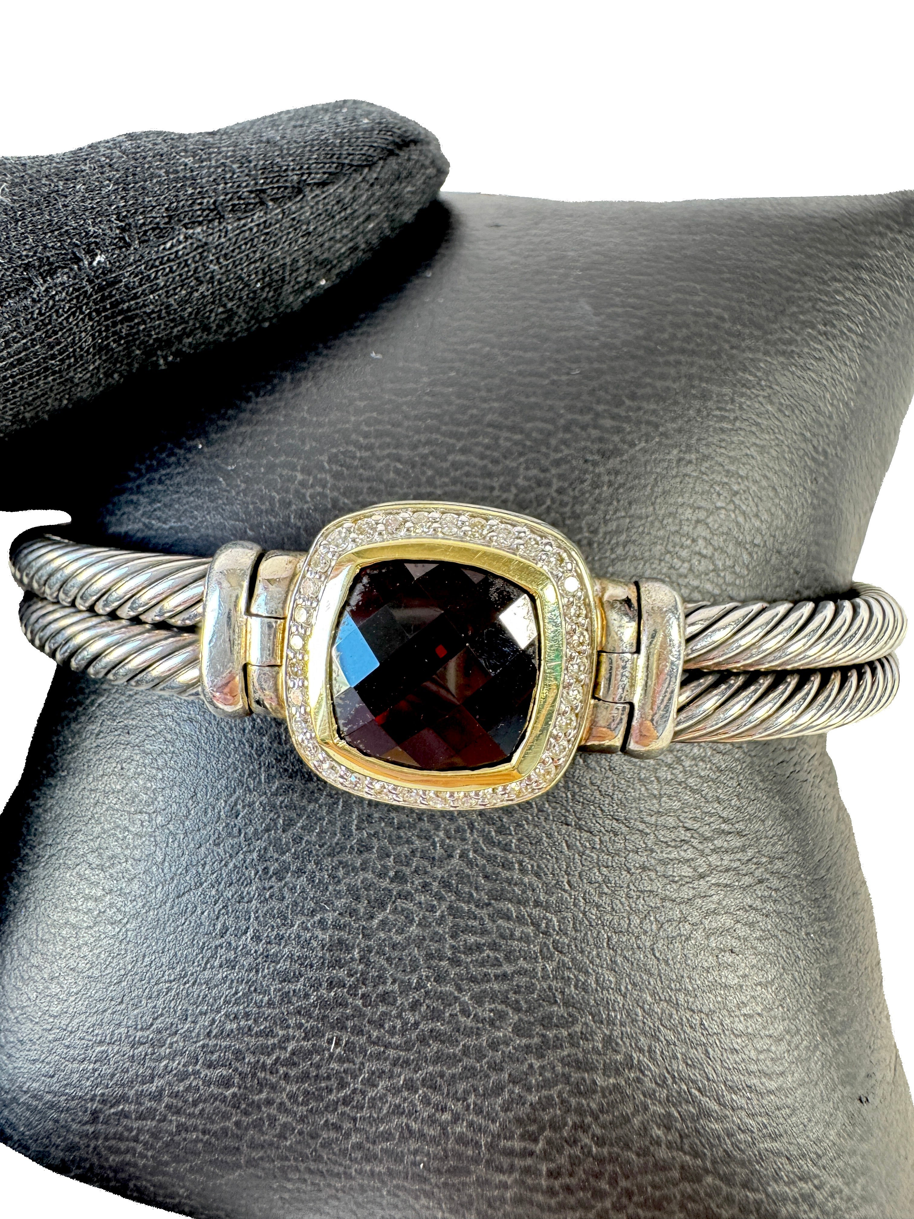 David Yurman sterling silver, 18k gold, garnet & diamond Albion double cable bracelet