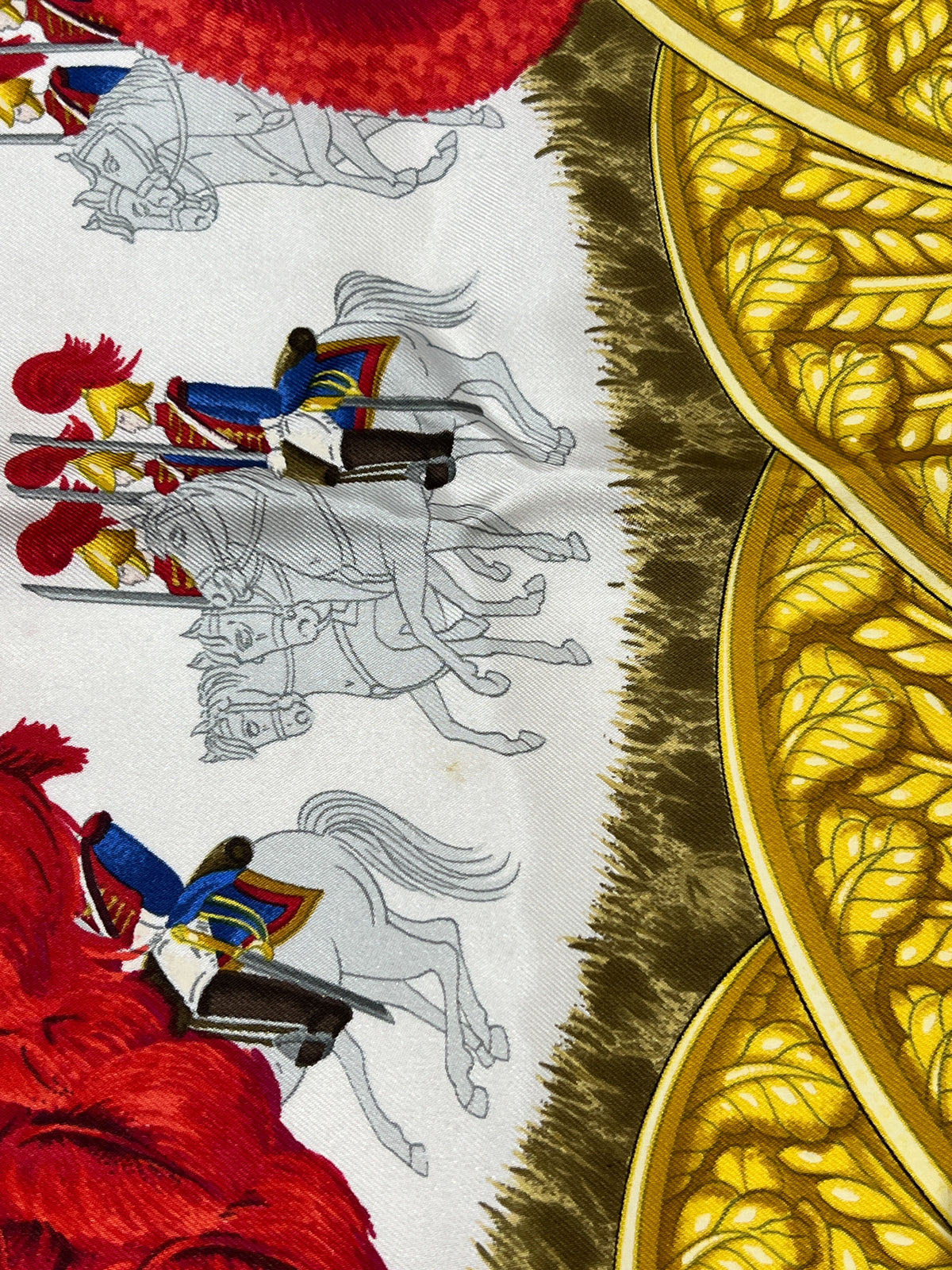 Hermes gold cream red silk Casques et Plummets 90cm scarf